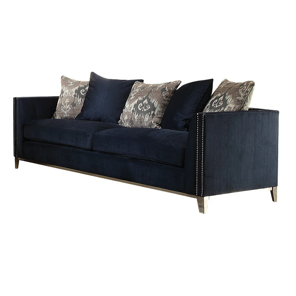 95" Blue Velvet And Black Sofa With Five Toss Pillows By Homeroots - Image 3