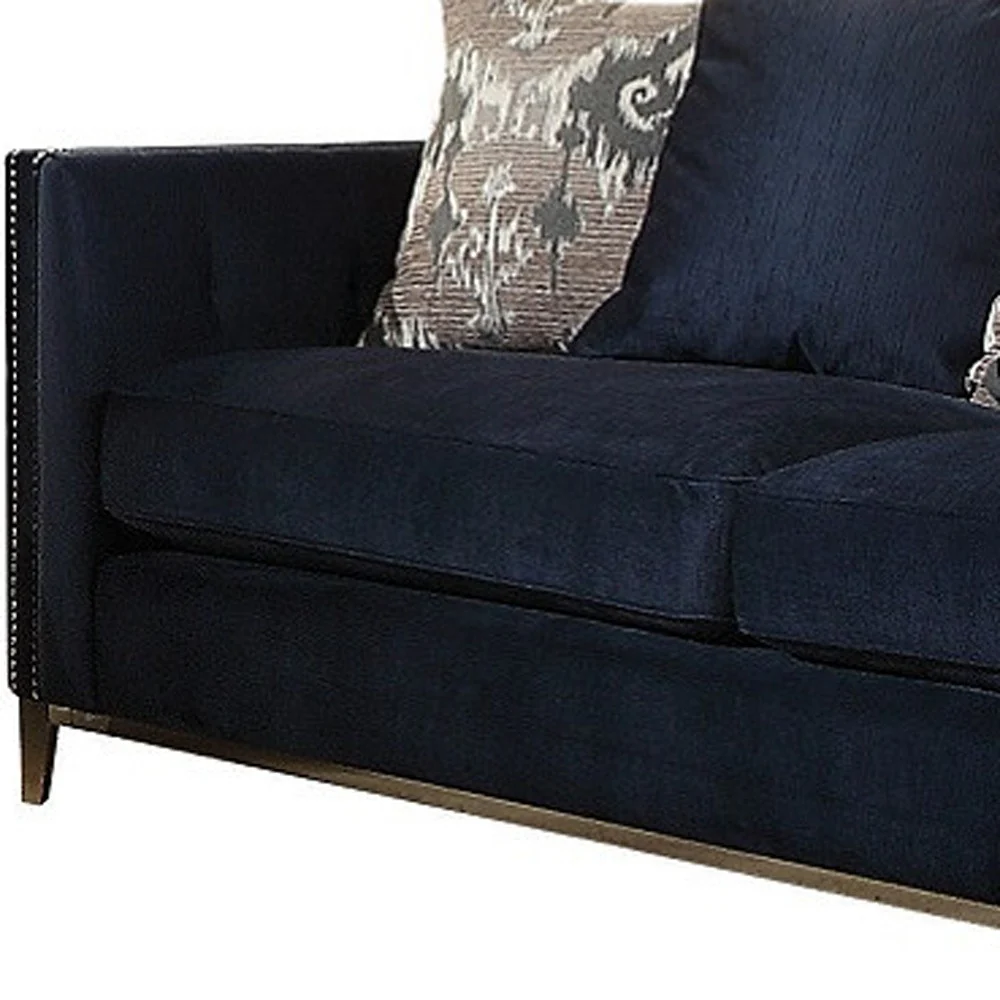 95" Blue Velvet And Black Sofa With Five Toss Pillows By Homeroots - Image 4