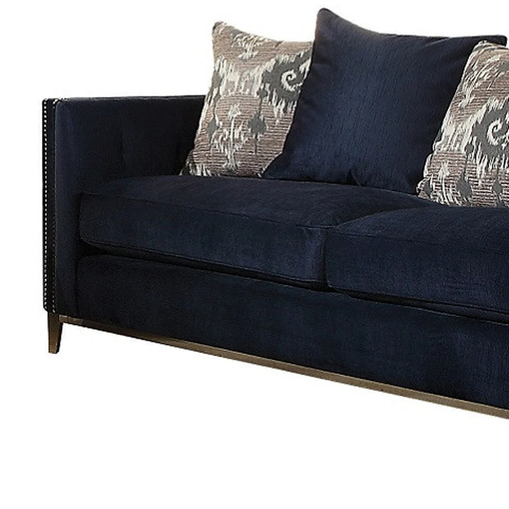 95" Blue Velvet And Black Sofa With Five Toss Pillows By Homeroots - Image 5
