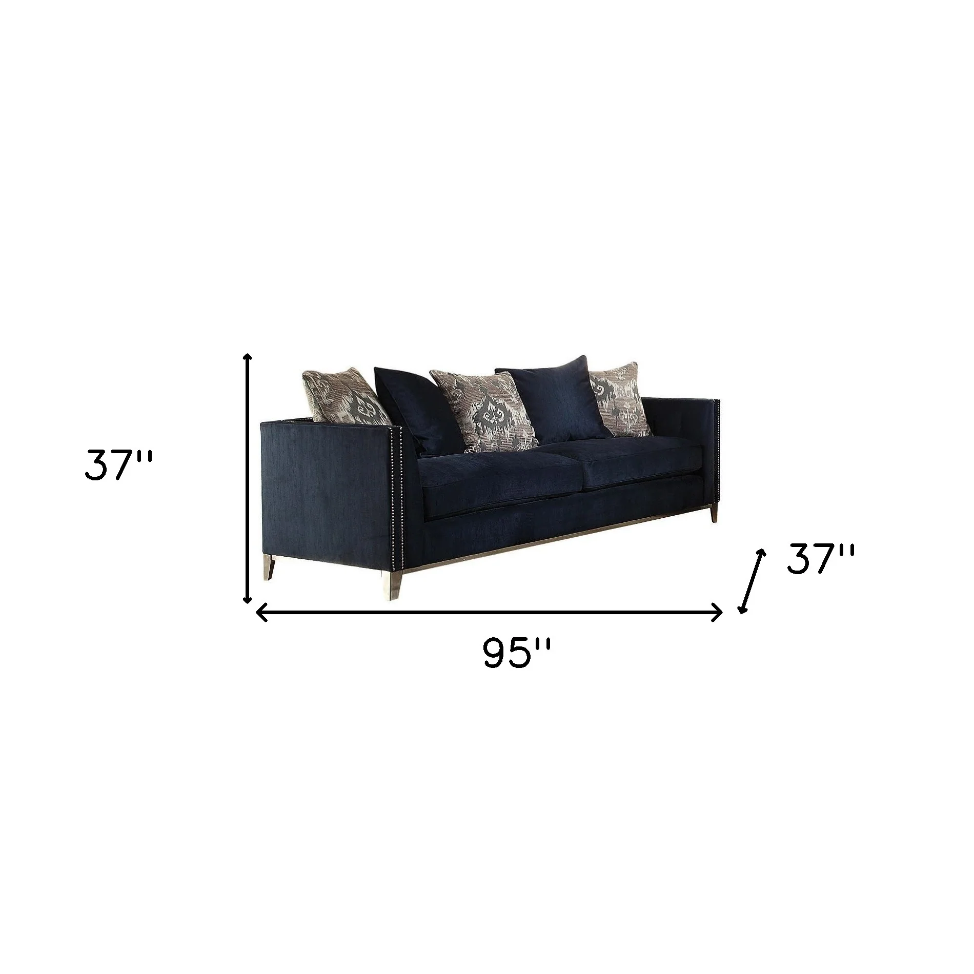 95" Blue Velvet And Black Sofa With Five Toss Pillows By Homeroots - Image 6