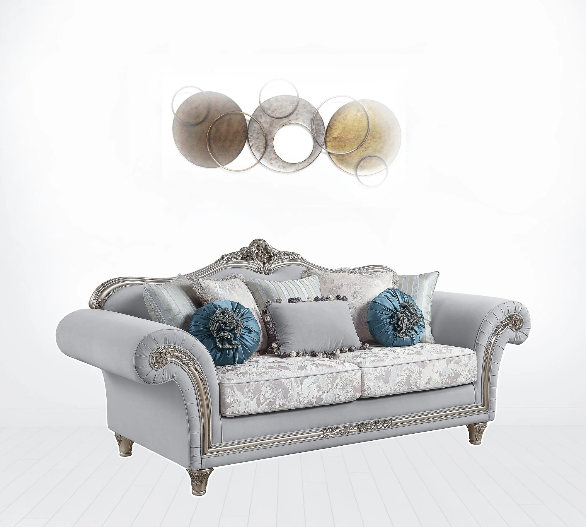 95" Light Gray Linen And Platinum Sofa With Eight Toss Pillows By Homeroots - Image 3