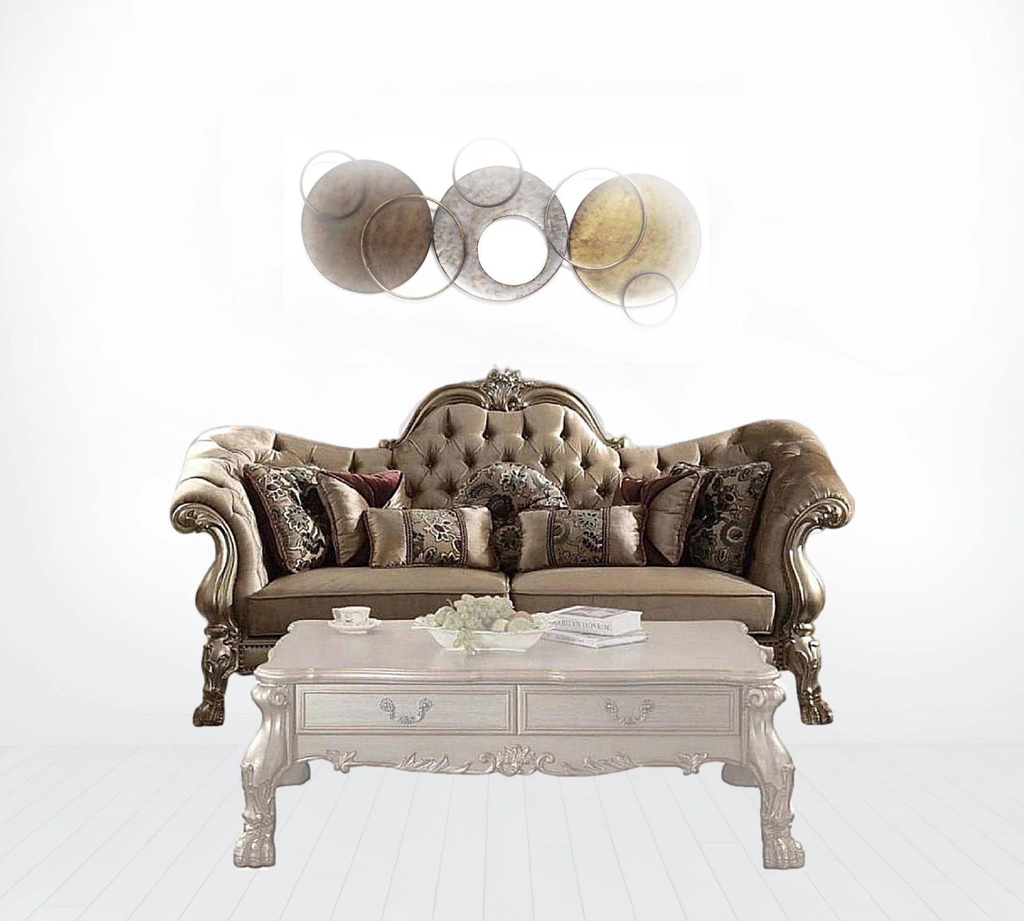 96" Bone Polyurethane, Velvet And Gold Sofa With Seven Toss Pillows By Homeroots - Image 3