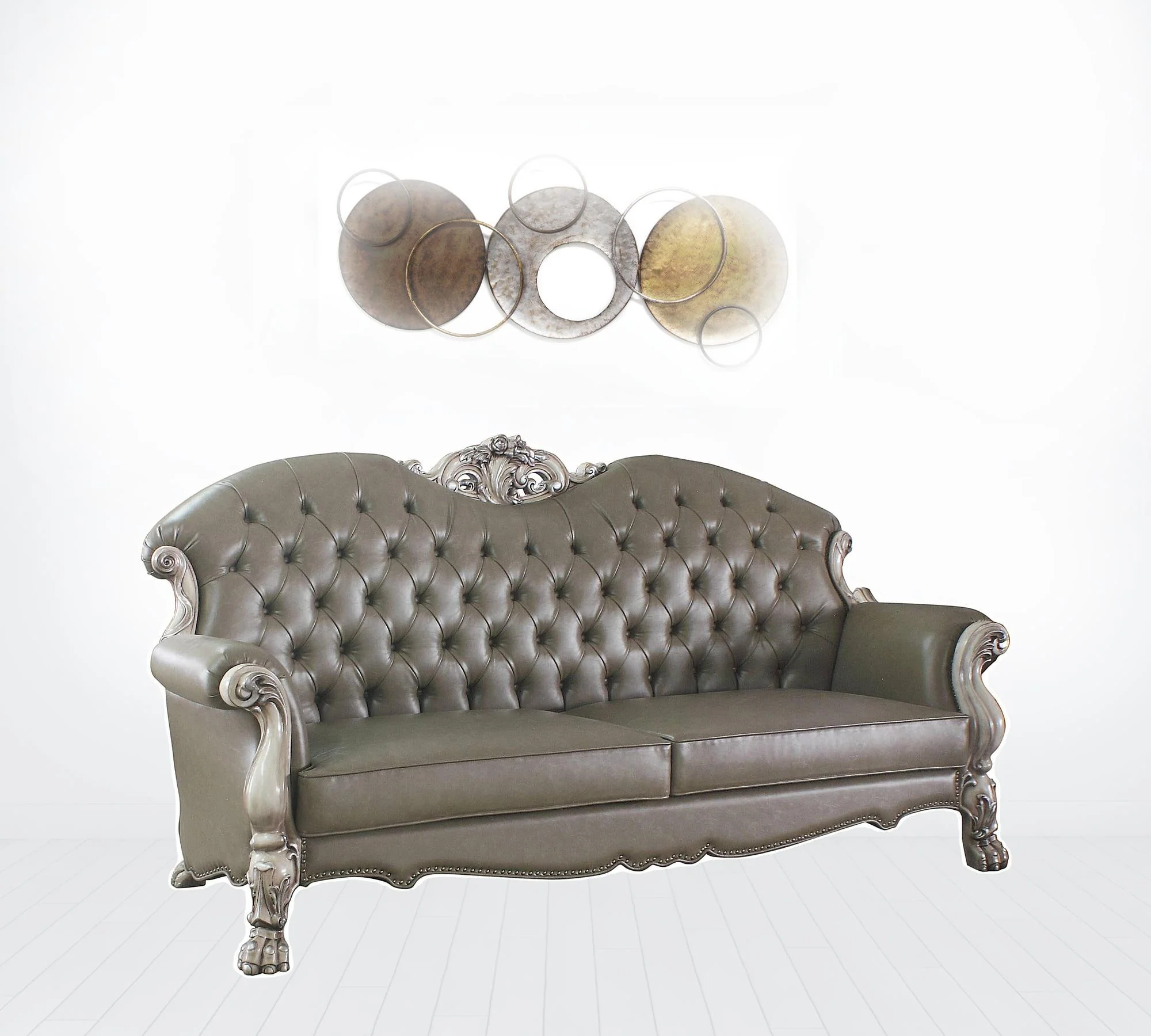 96" Vintage Bone Faux Leather And White Sofa With Five Toss Pillows By Homeroots - Image 2