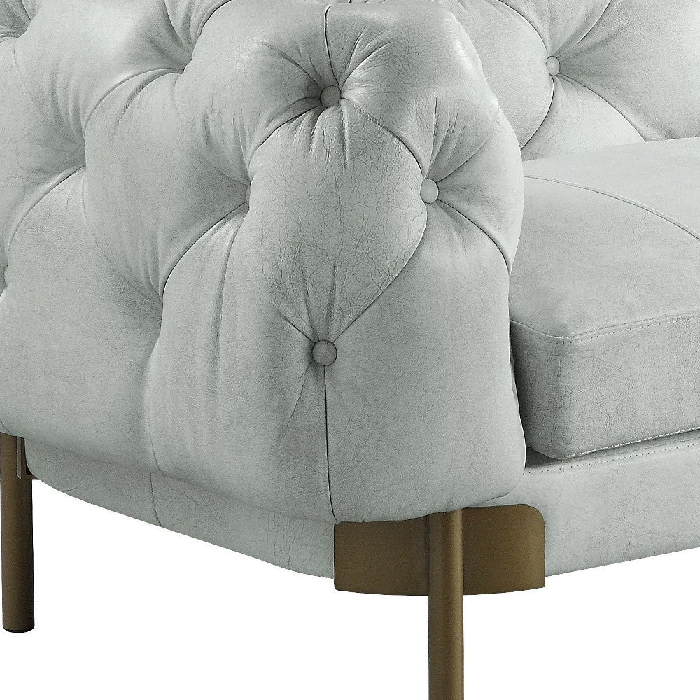 96" Vintage White Top Grain Leather And Gold Sofa By Homeroots - Image 4
