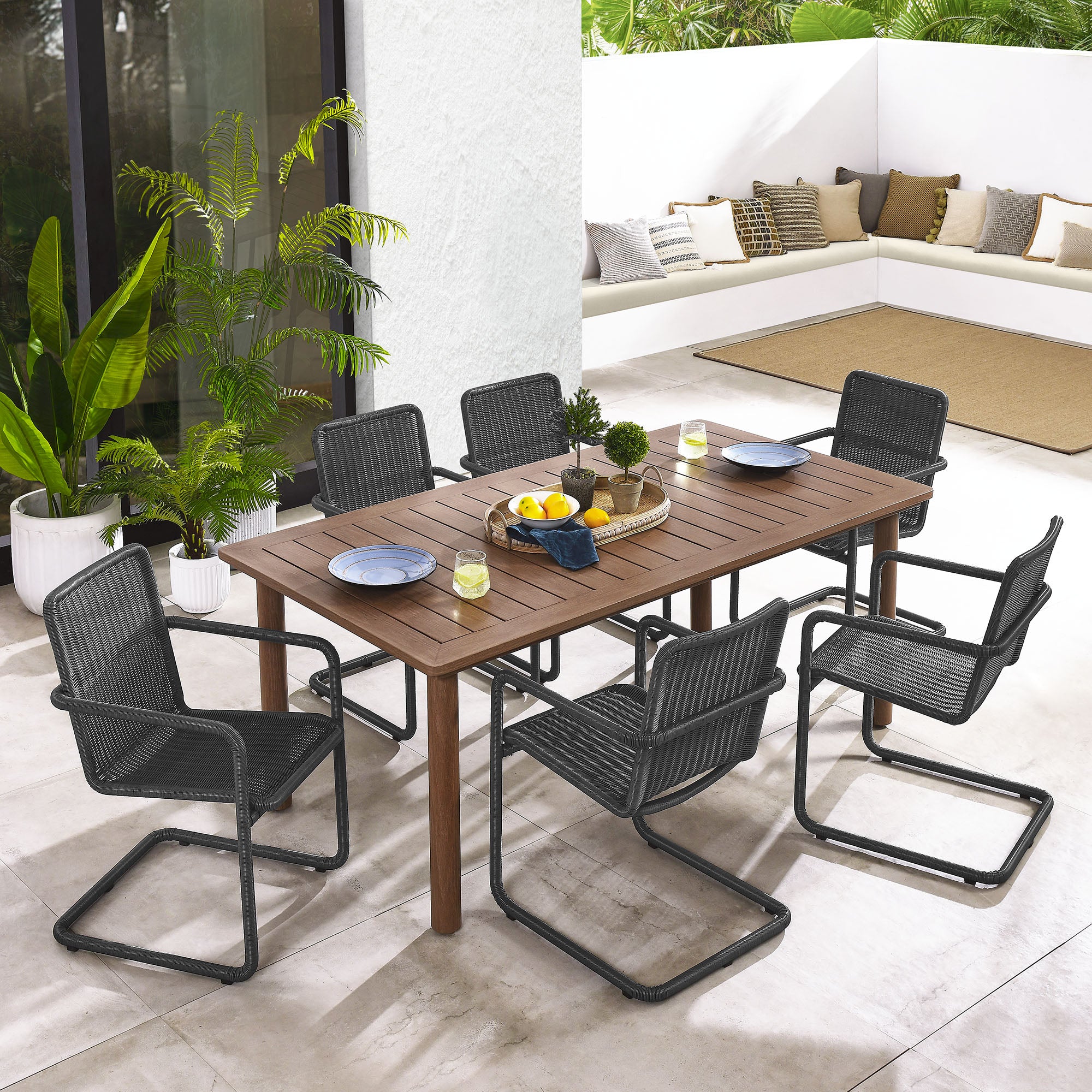 Abacus 7-Piece Rectangular Outdoor Patio Aluminum Dining Table Set with Rattan Armchairs by Modway - Image 11