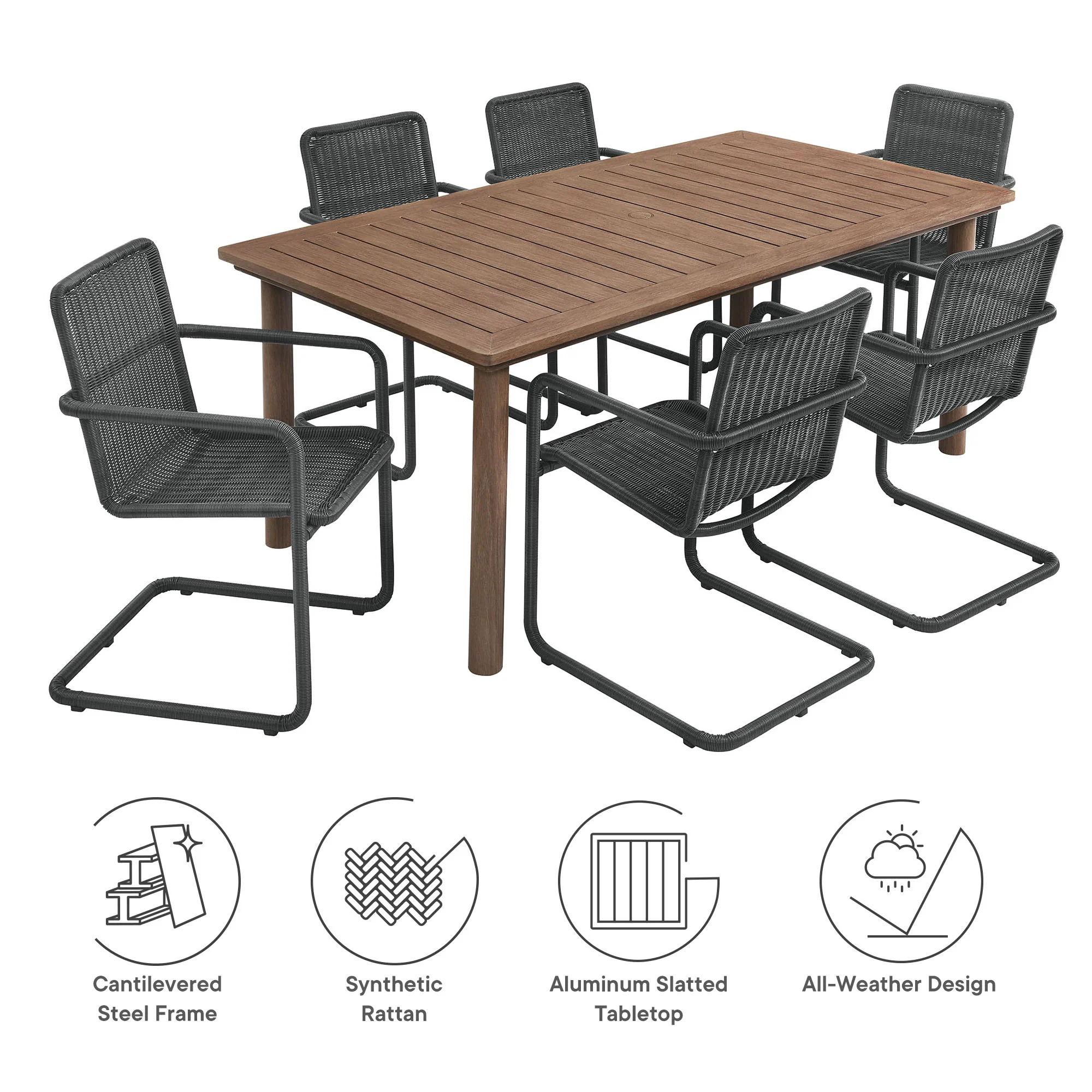 Abacus 7-Piece Rectangular Outdoor Patio Aluminum Dining Table Set with Rattan Armchairs by Modway - Image 12