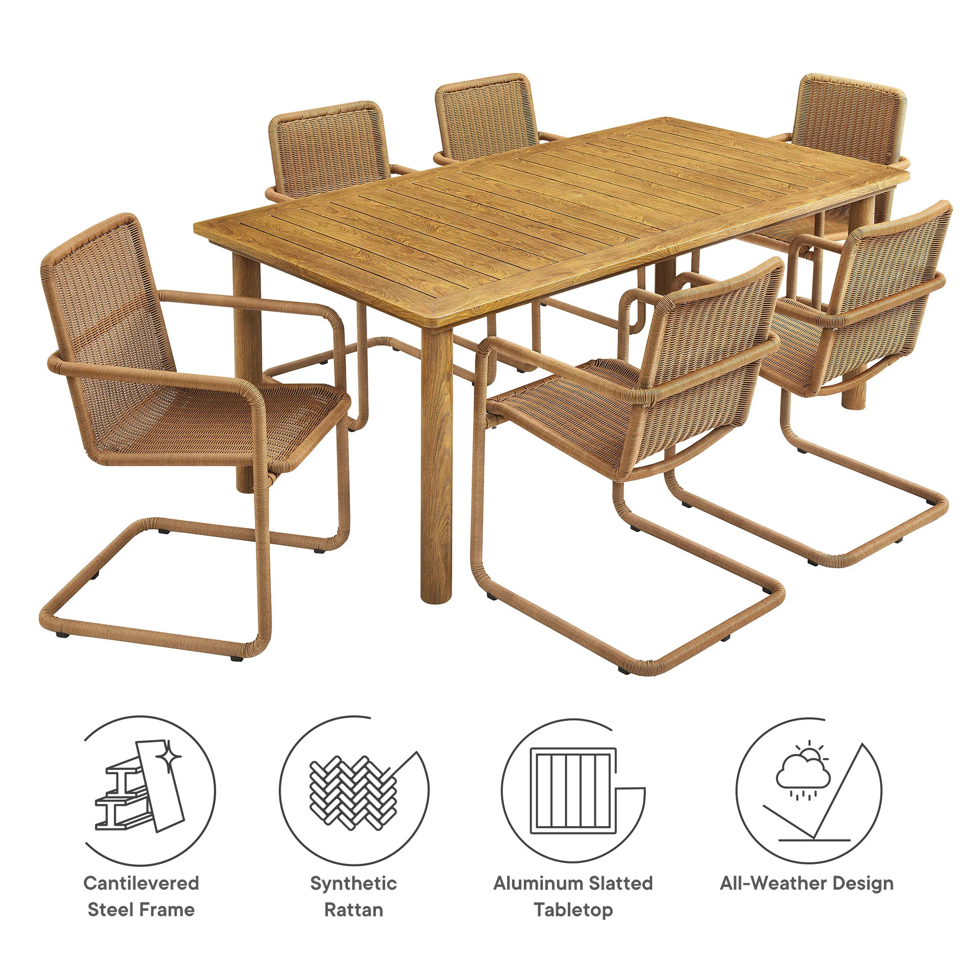 Abacus 7-Piece Rectangular Outdoor Patio Aluminum Dining Table Set with Rattan Armchairs by Modway - Image 4