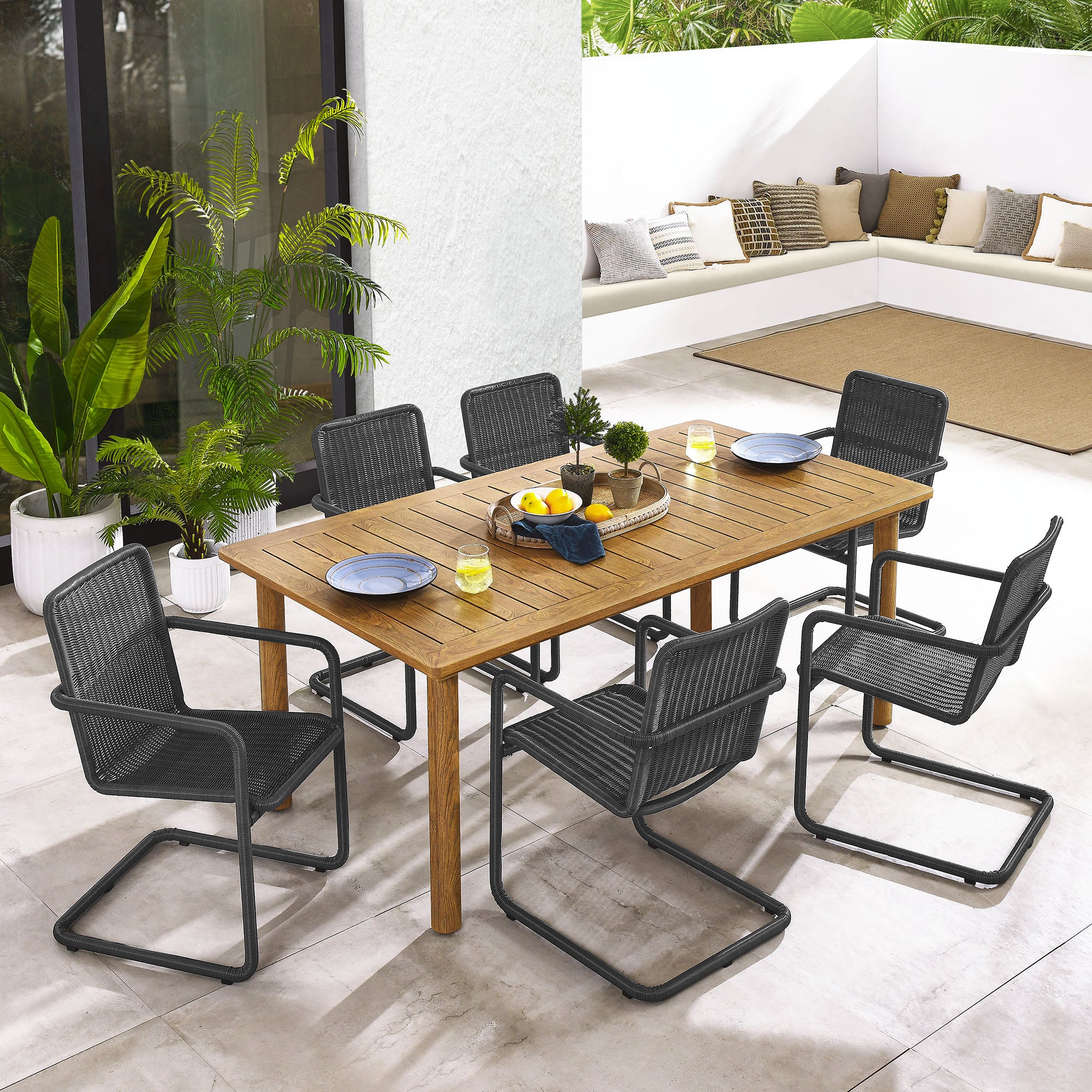 Abacus 7-Piece Rectangular Outdoor Patio Aluminum Dining Table Set with Rattan Armchairs by Modway - Image 7