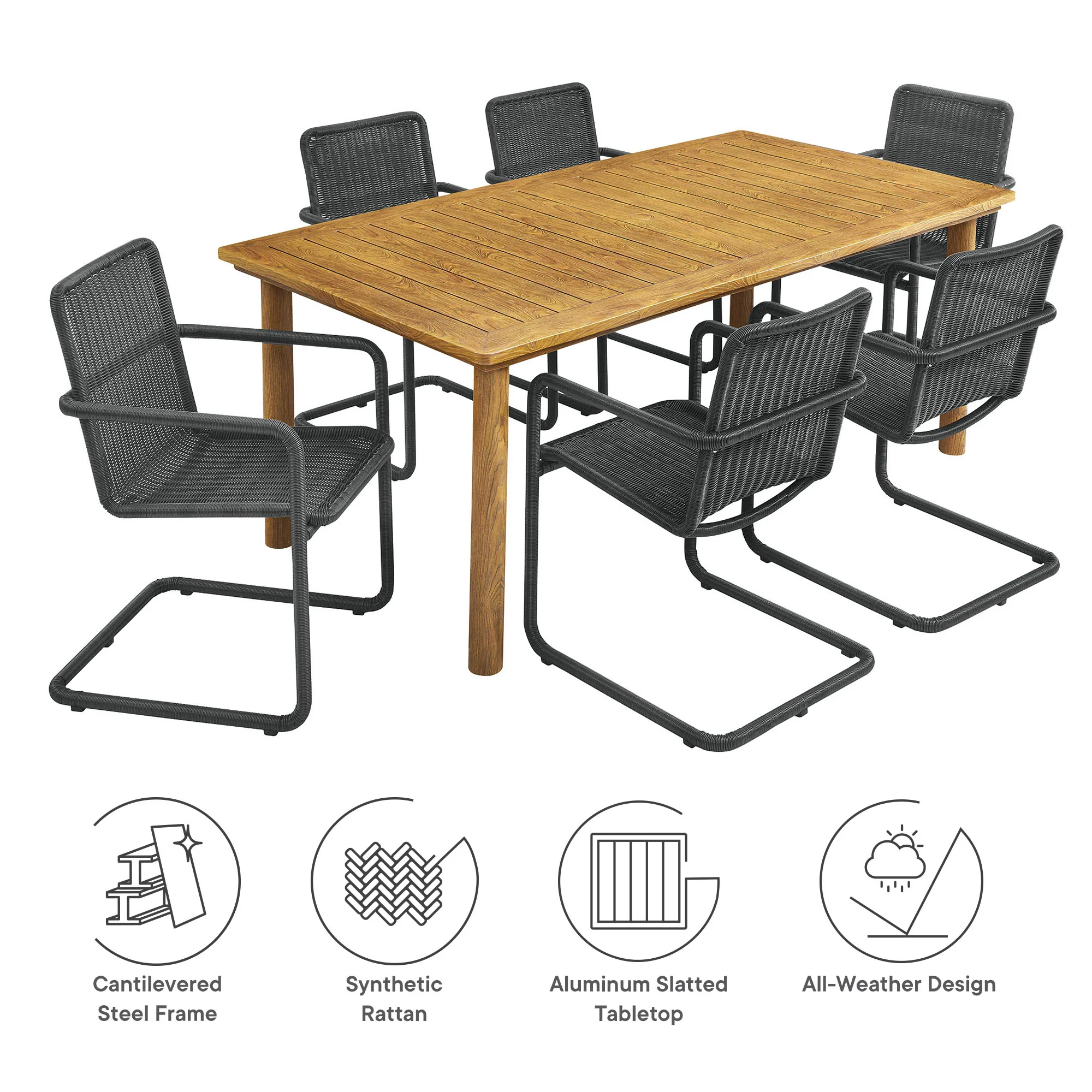 Abacus 7-Piece Rectangular Outdoor Patio Aluminum Dining Table Set with Rattan Armchairs by Modway - Image 8