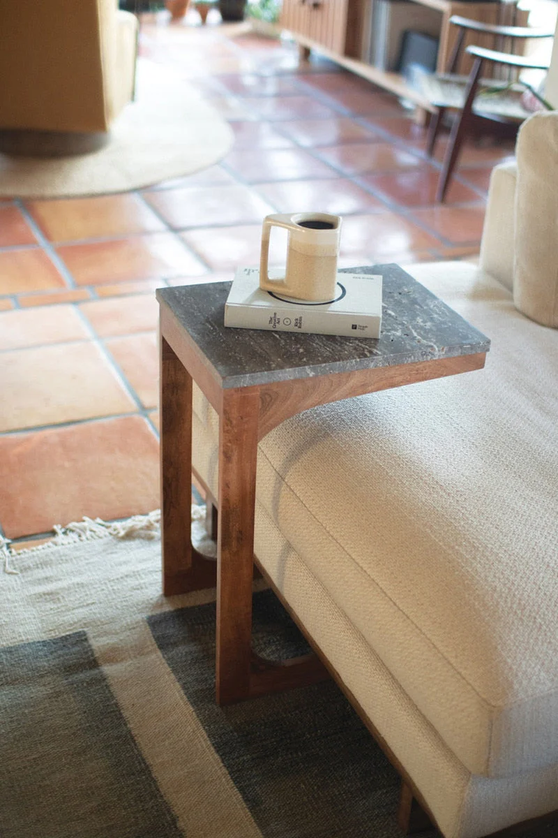 Acacia Wood & Wicker Sofa Table W Titanium Traventine Top By Kalalou - Image 5