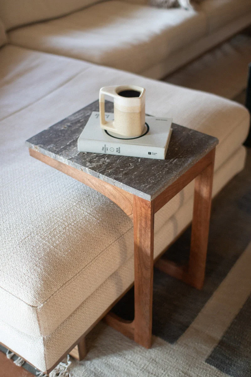 Acacia Wood & Wicker Sofa Table W Titanium Traventine Top By Kalalou - Image 7