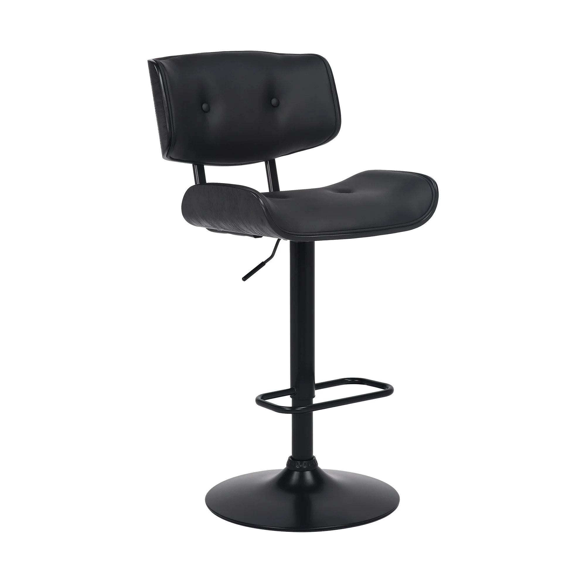 Adjustable Black Tufted Faux Leather and Black Wood Swivel Barstool. By Homeroots - Image 2
