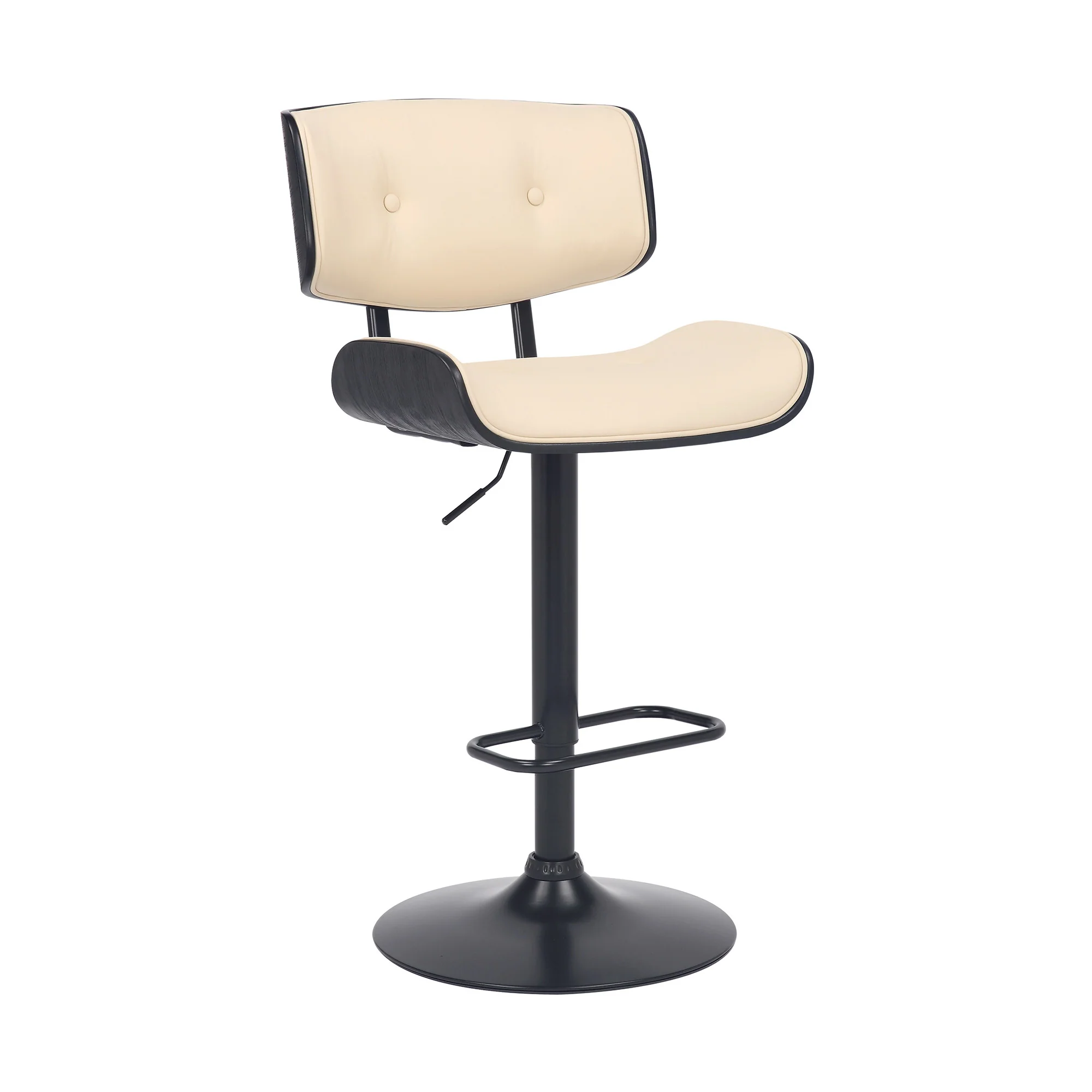 Adjustable Cream Tufted Faux Leather and Black Wood Swivel Barstool. By Homeroots - Image 2