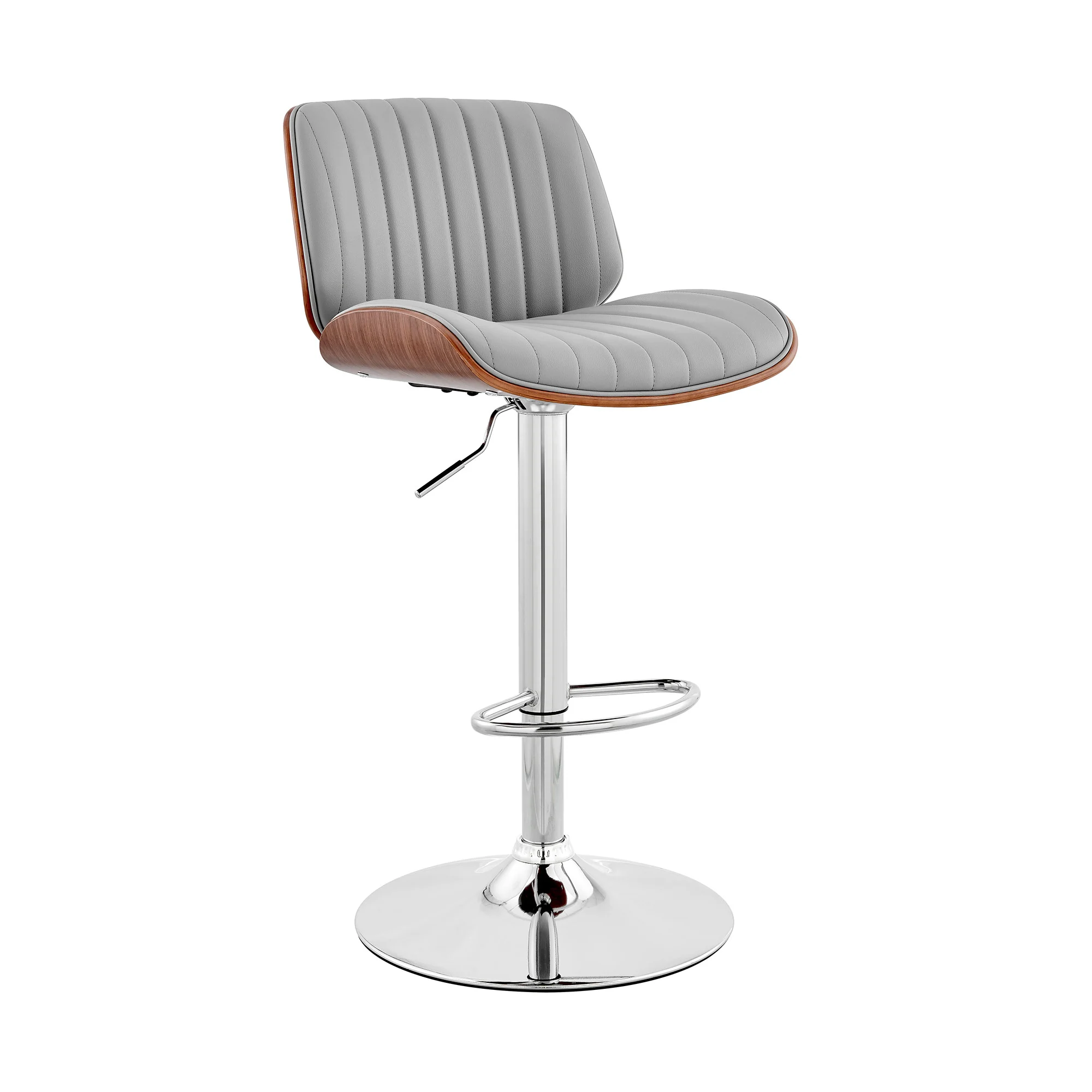Adjustable Gray Faux Leather Chrome and Walnut Bar Stool By Homeroots - Image 2