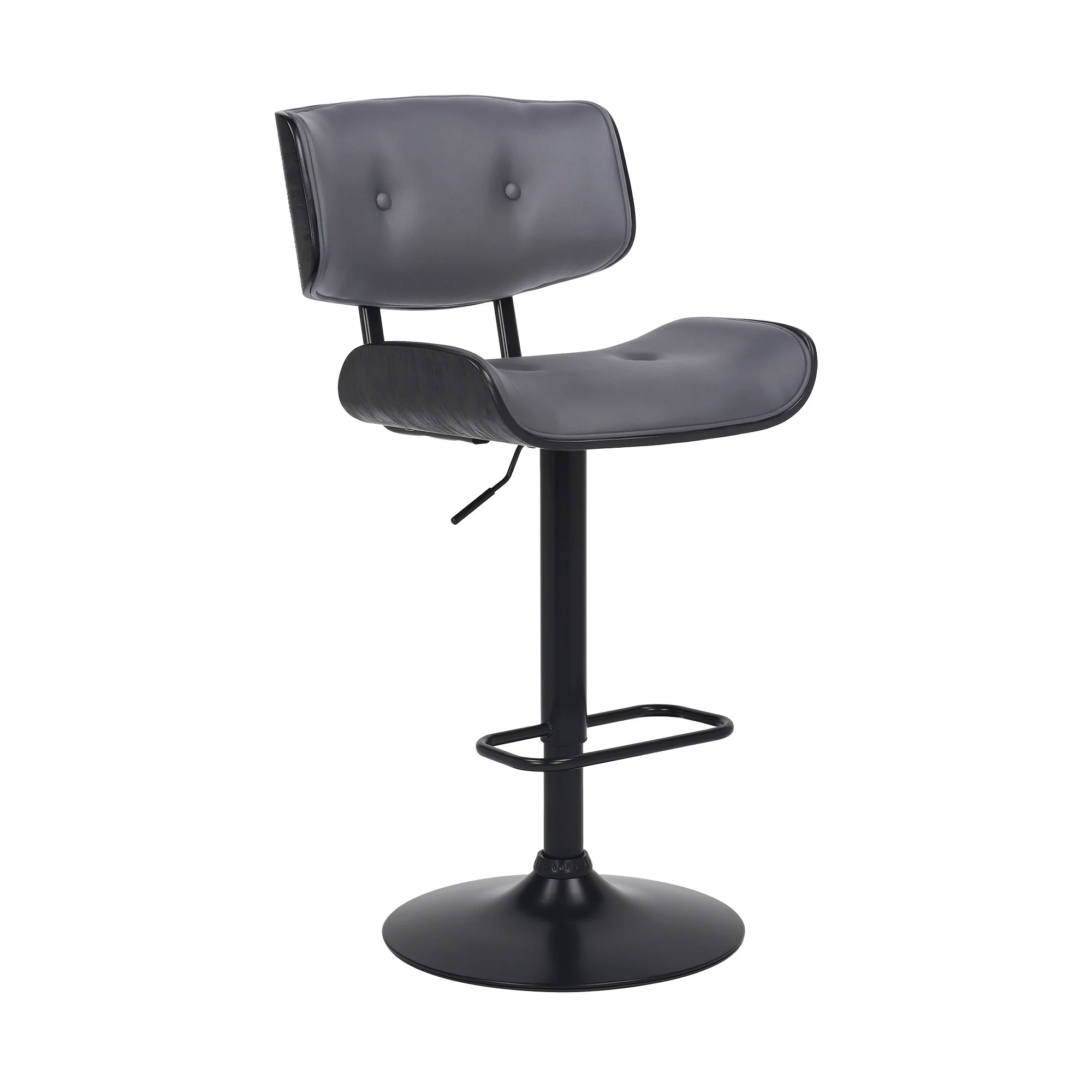 Adjustable Gray Tufted Faux Leather and Black Wood Swivel Barstool. By Homeroots - Image 2