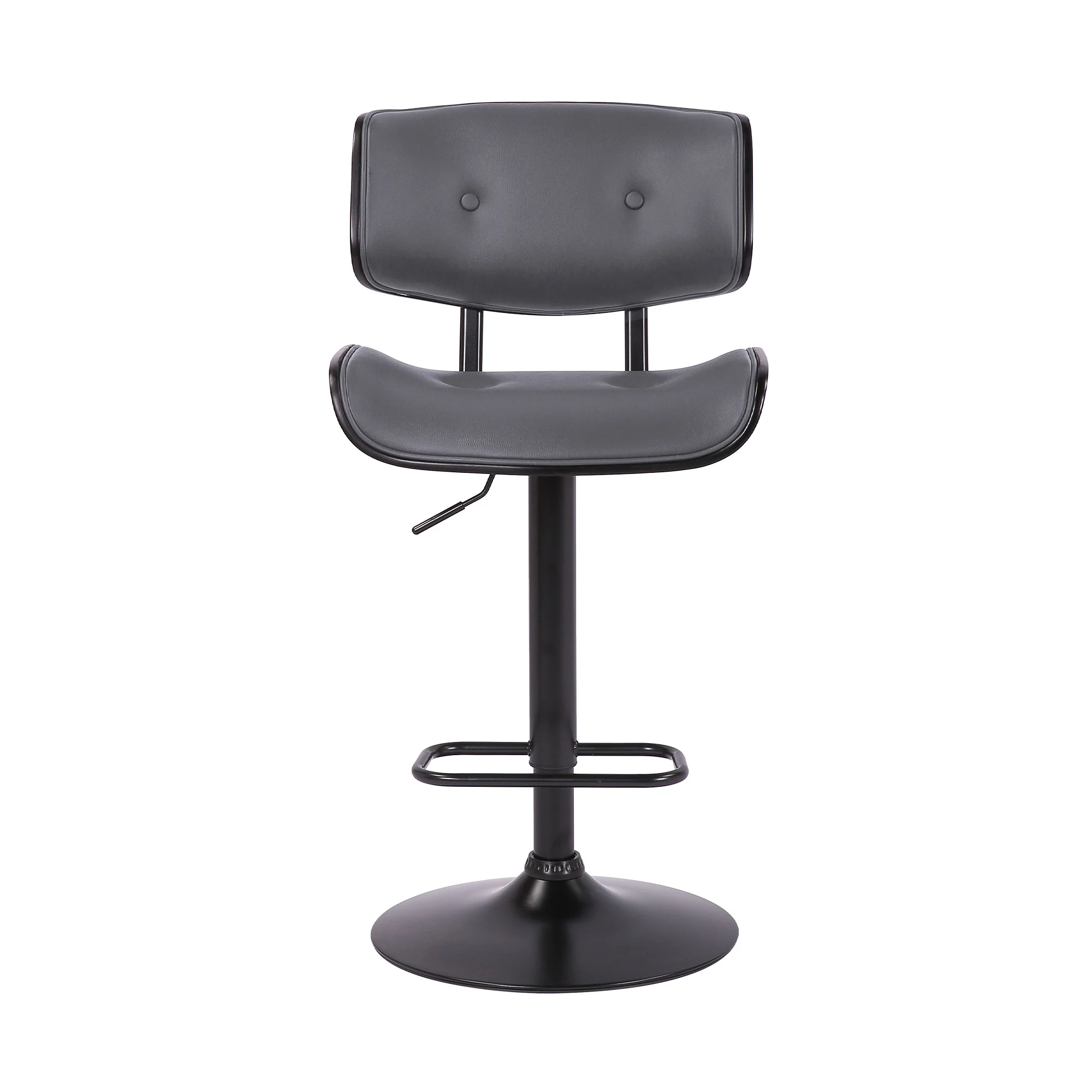 Adjustable Gray Tufted Faux Leather and Black Wood Swivel Barstool. By Homeroots - Image 3