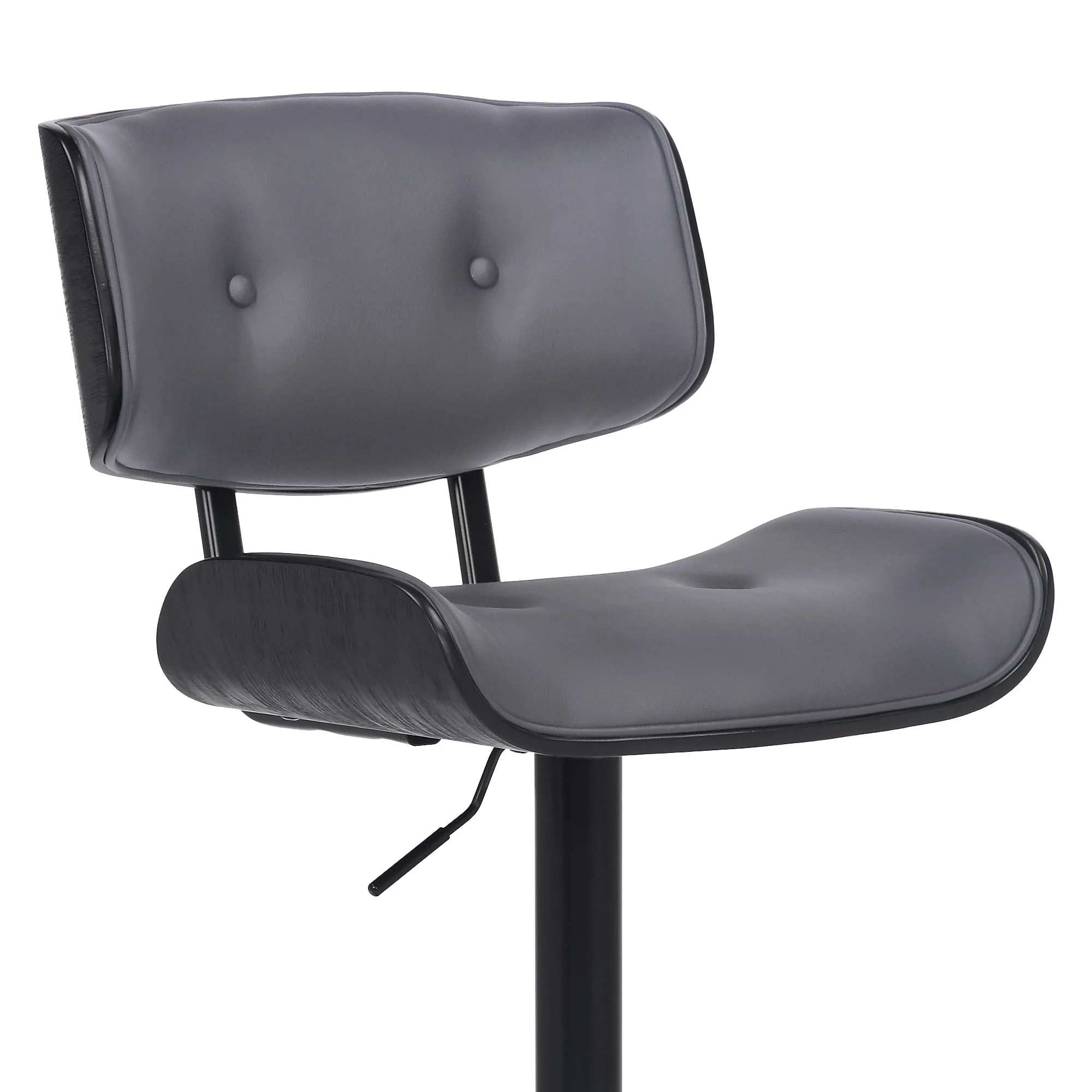 Adjustable Gray Tufted Faux Leather and Black Wood Swivel Barstool. By Homeroots - Image 7