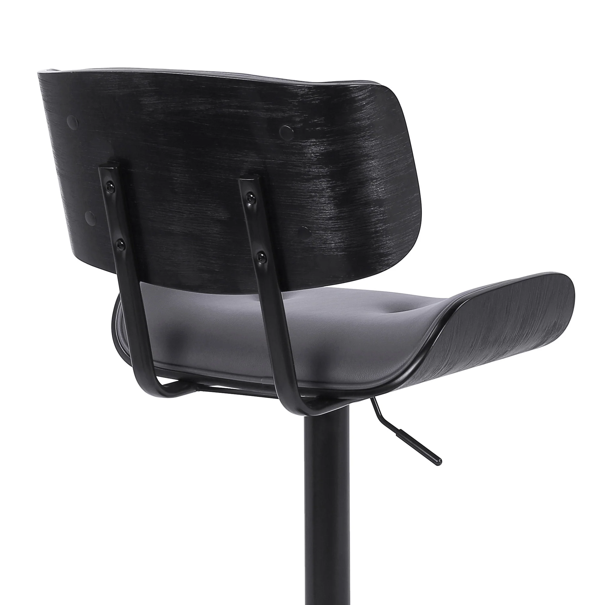 Adjustable Gray Tufted Faux Leather and Black Wood Swivel Barstool. By Homeroots - Image 8