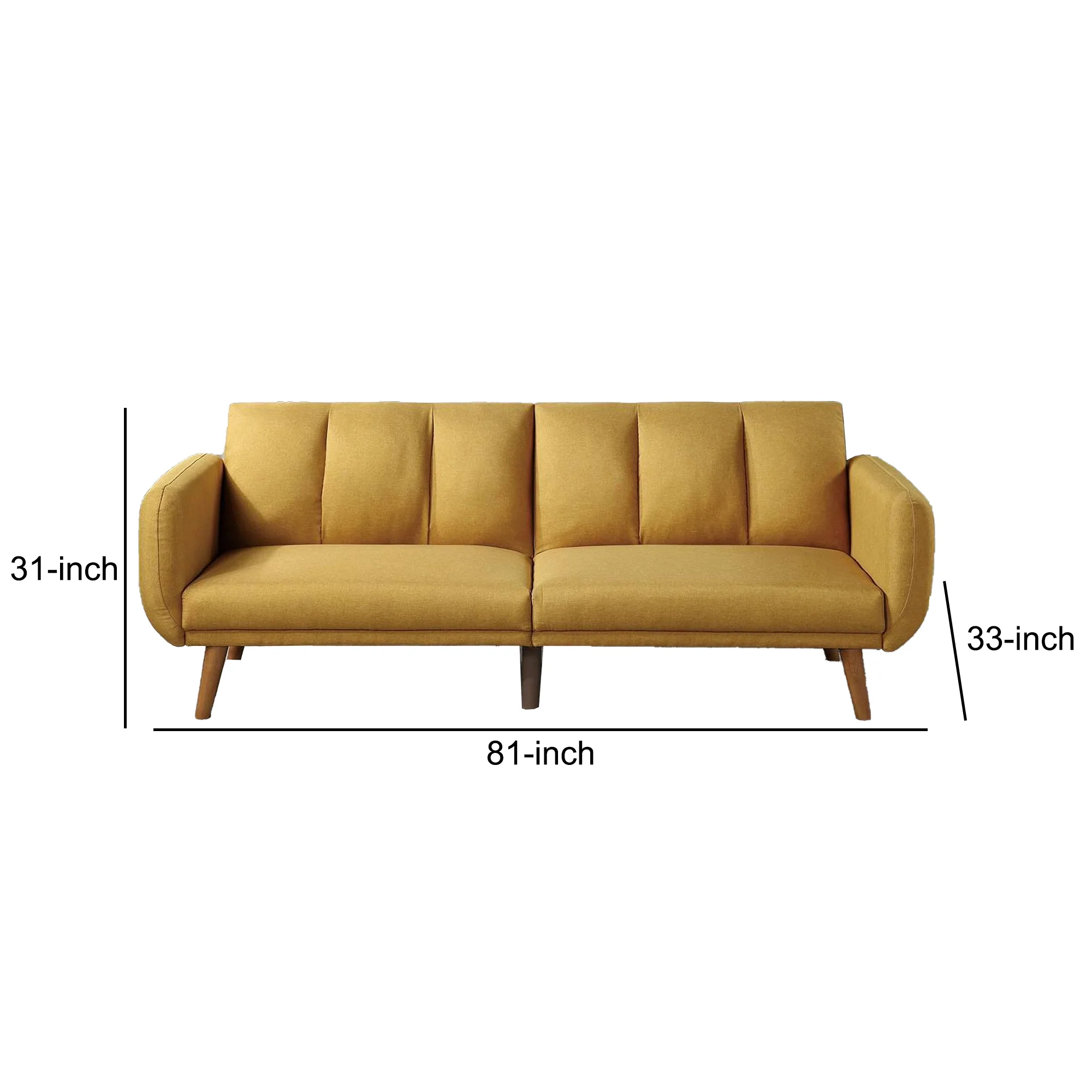 Adjustable Upholstered Sofa with Track Armrests and Angled Legs, Yellow By Benzara - Image 2