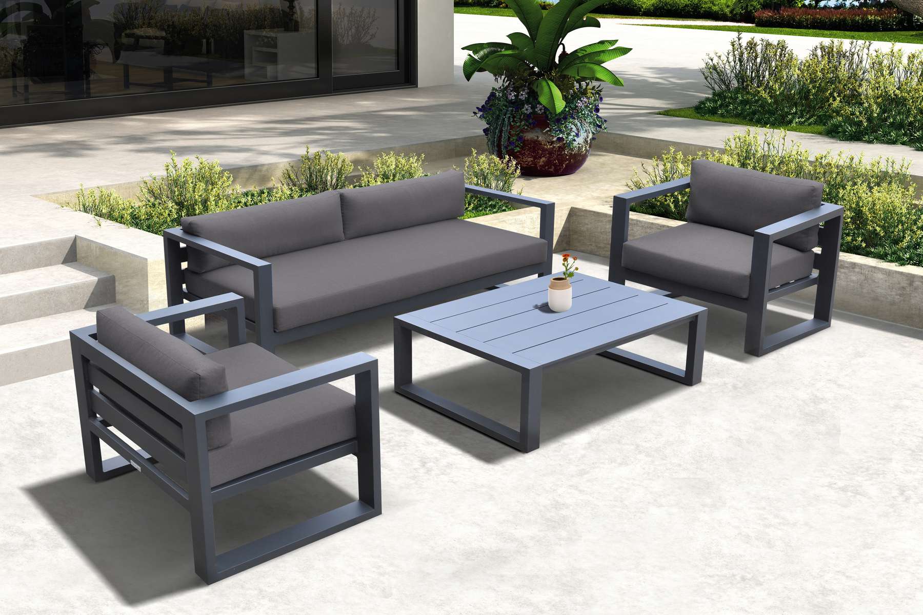 Aelani Outdoor 4 piece Set in Dark Grey Finish and Charcoal Cushions By Armen Living - Image 2