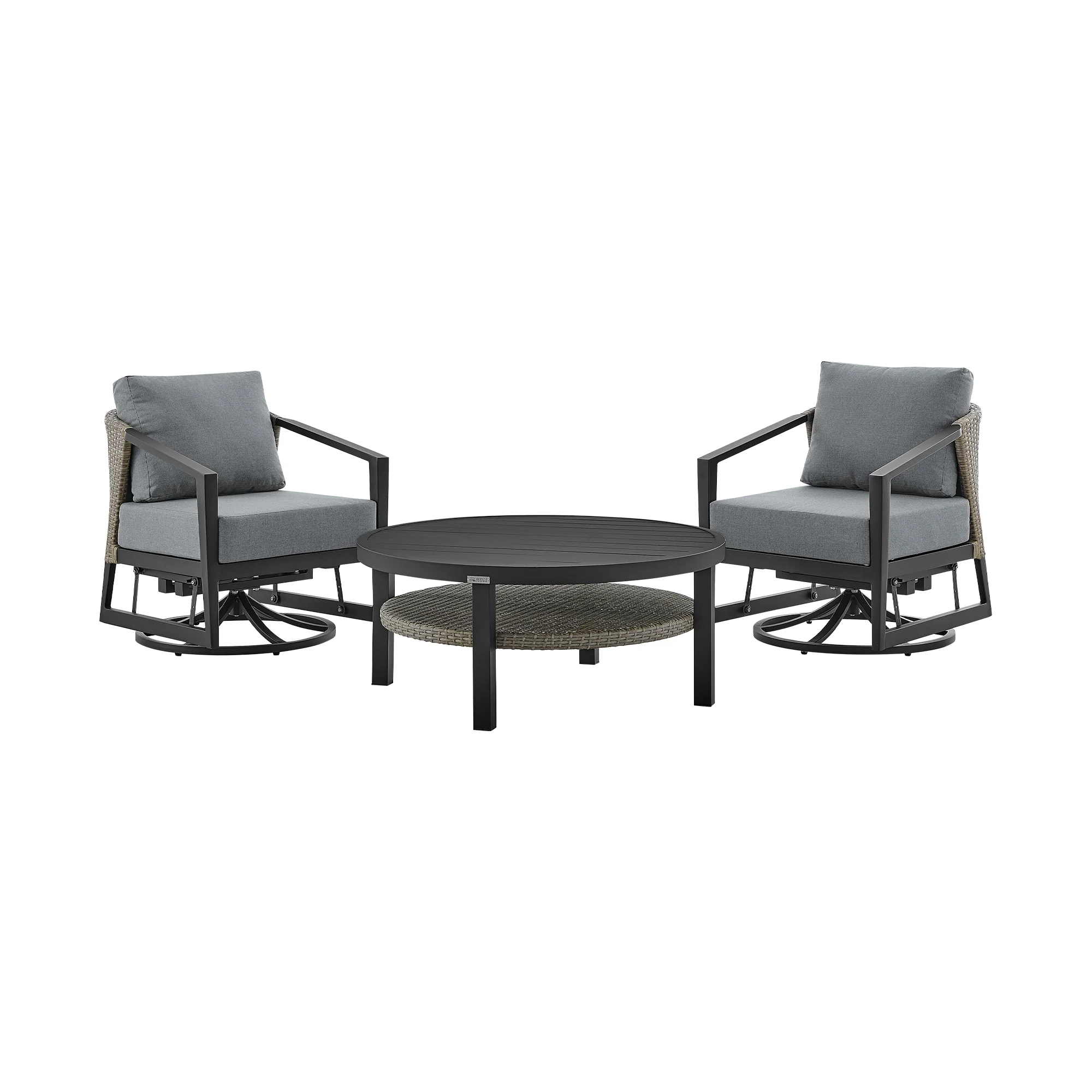 Aileen 3 Piece Patio Outdoor Swivel Seating Set in Black Aluminum with Grey Wicker and Cushions By Armen Living - Image 2