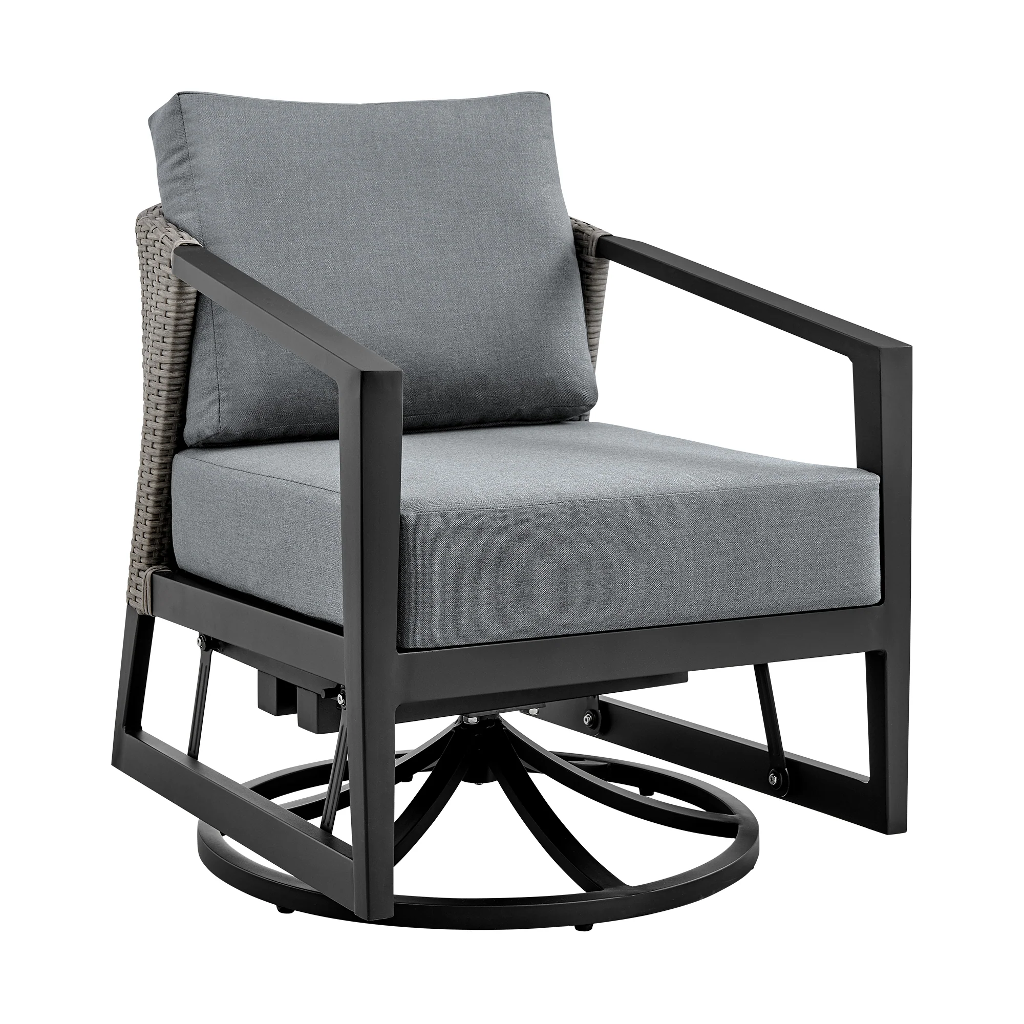 Aileen 3 Piece Patio Outdoor Swivel Seating Set in Black Aluminum with Grey Wicker and Cushions By Armen Living - Image 3