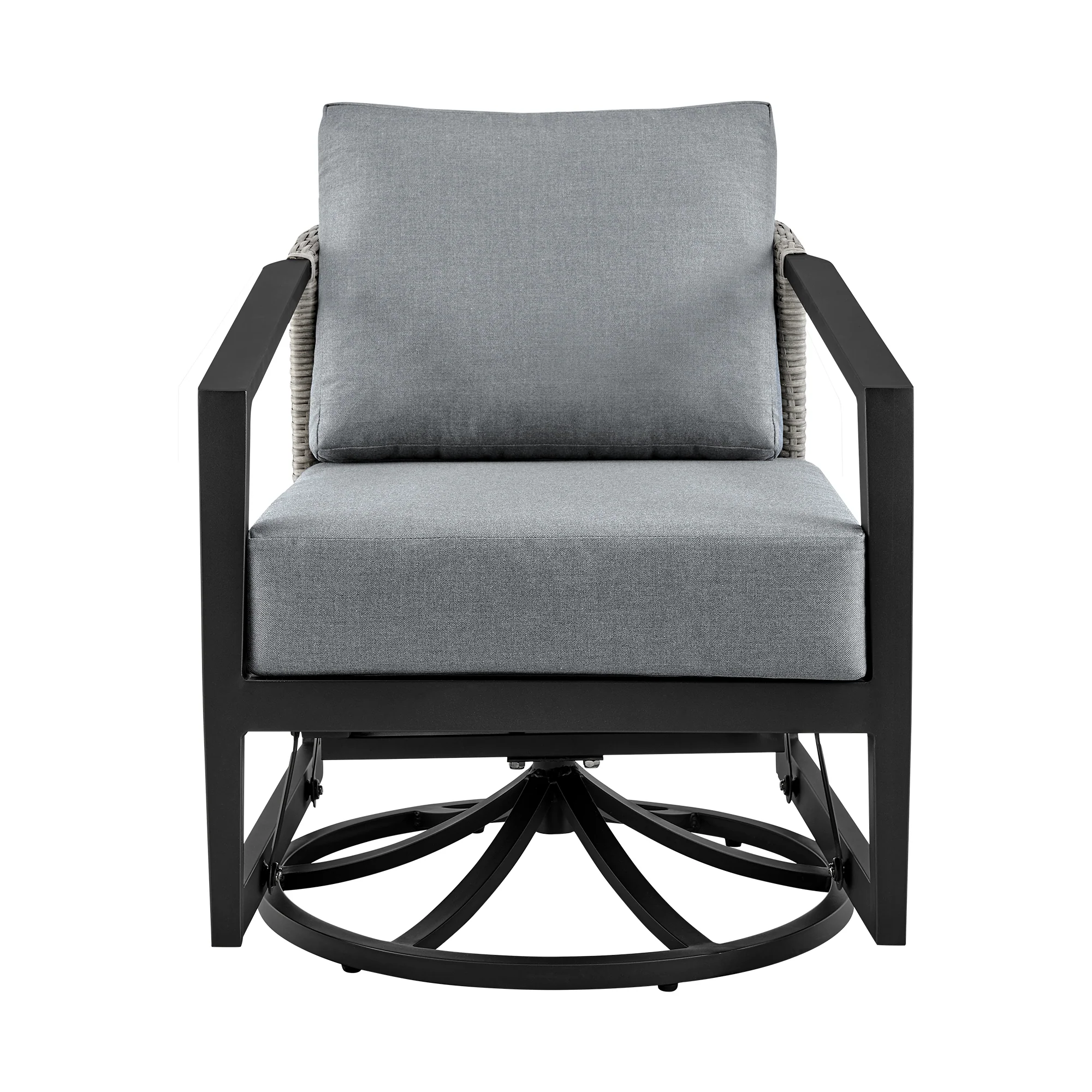 Aileen 3 Piece Patio Outdoor Swivel Seating Set in Black Aluminum with Grey Wicker and Cushions By Armen Living - Image 4