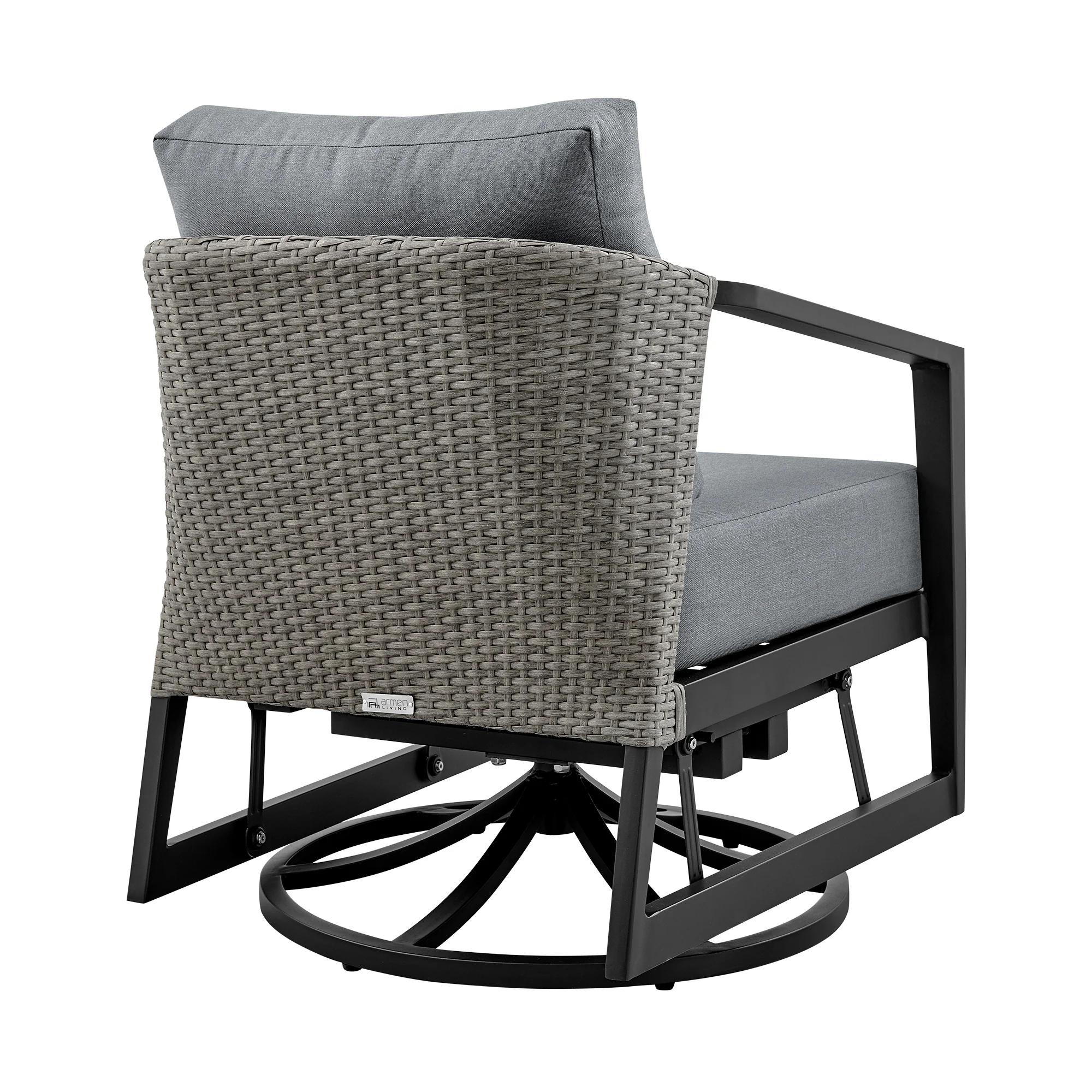 Aileen 3 Piece Patio Outdoor Swivel Seating Set in Black Aluminum with Grey Wicker and Cushions By Armen Living - Image 5