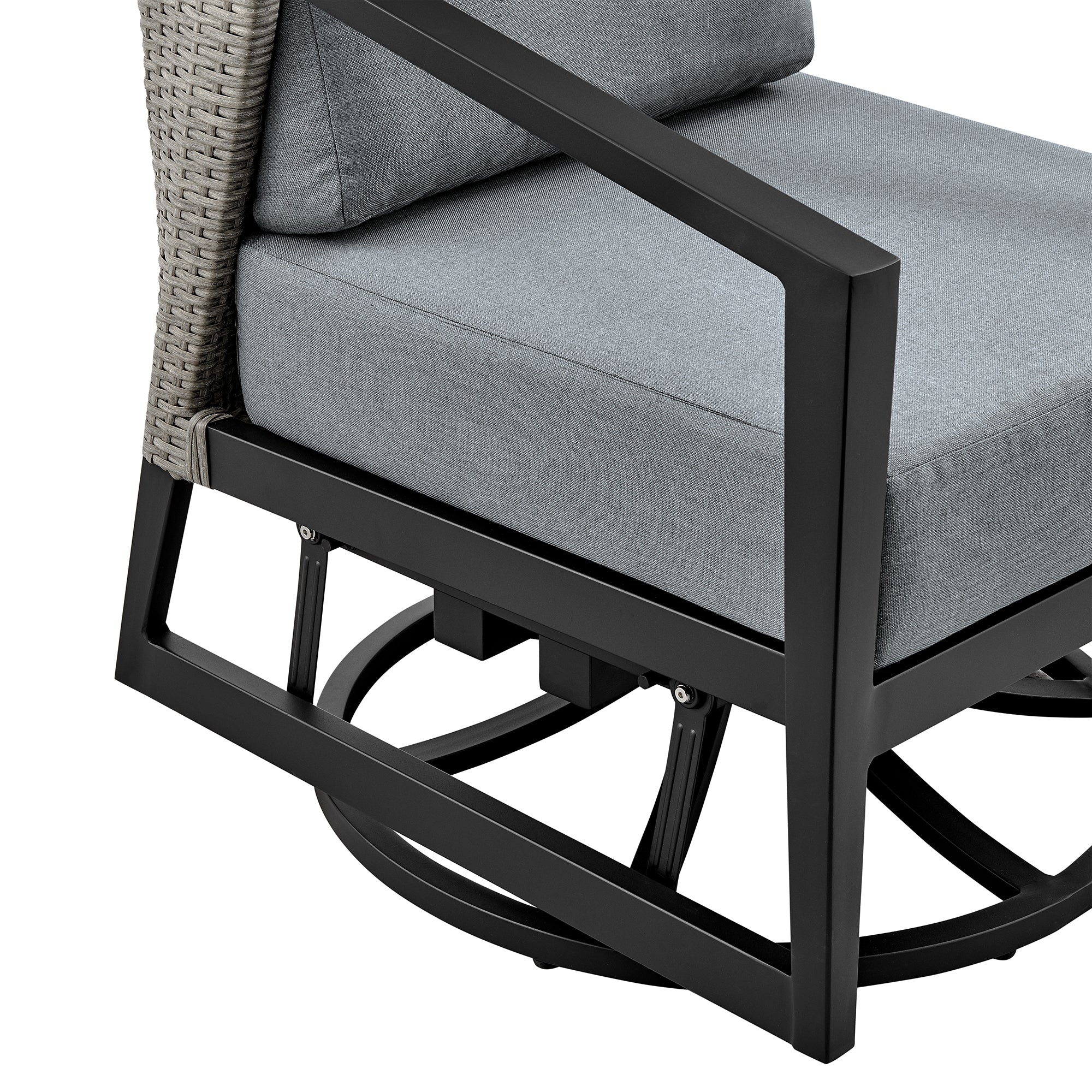 Aileen 3 Piece Patio Outdoor Swivel Seating Set in Black Aluminum with Grey Wicker and Cushions By Armen Living - Image 7