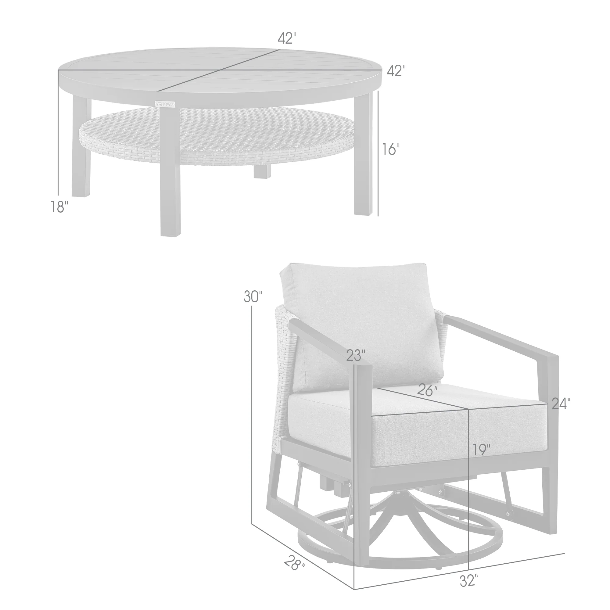 Aileen 3 Piece Patio Outdoor Swivel Seating Set in Black Aluminum with Grey Wicker and Cushions By Armen Living - Image 9
