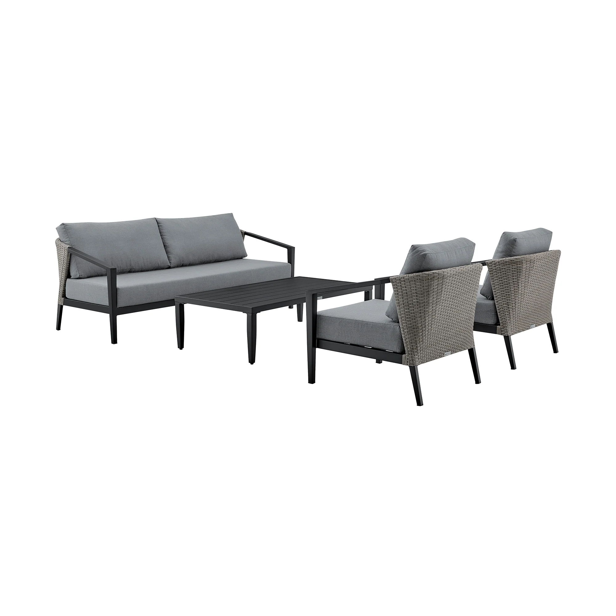 Aileen Outdoor Patio 4-Piece Lounge Set in Aluminum and Wicker with Grey Cushions By Armen Living - Image 2