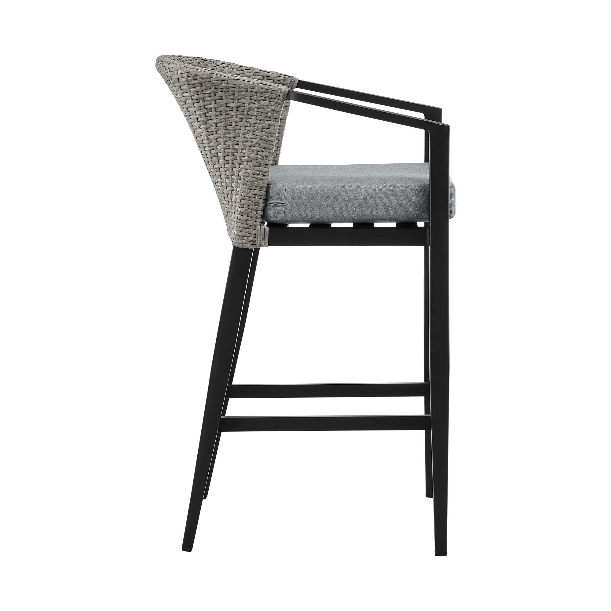 Aileen Outdoor Patio Bar Stool in Aluminum and Wicker with Grey Cushions By Armen Living - Image 5