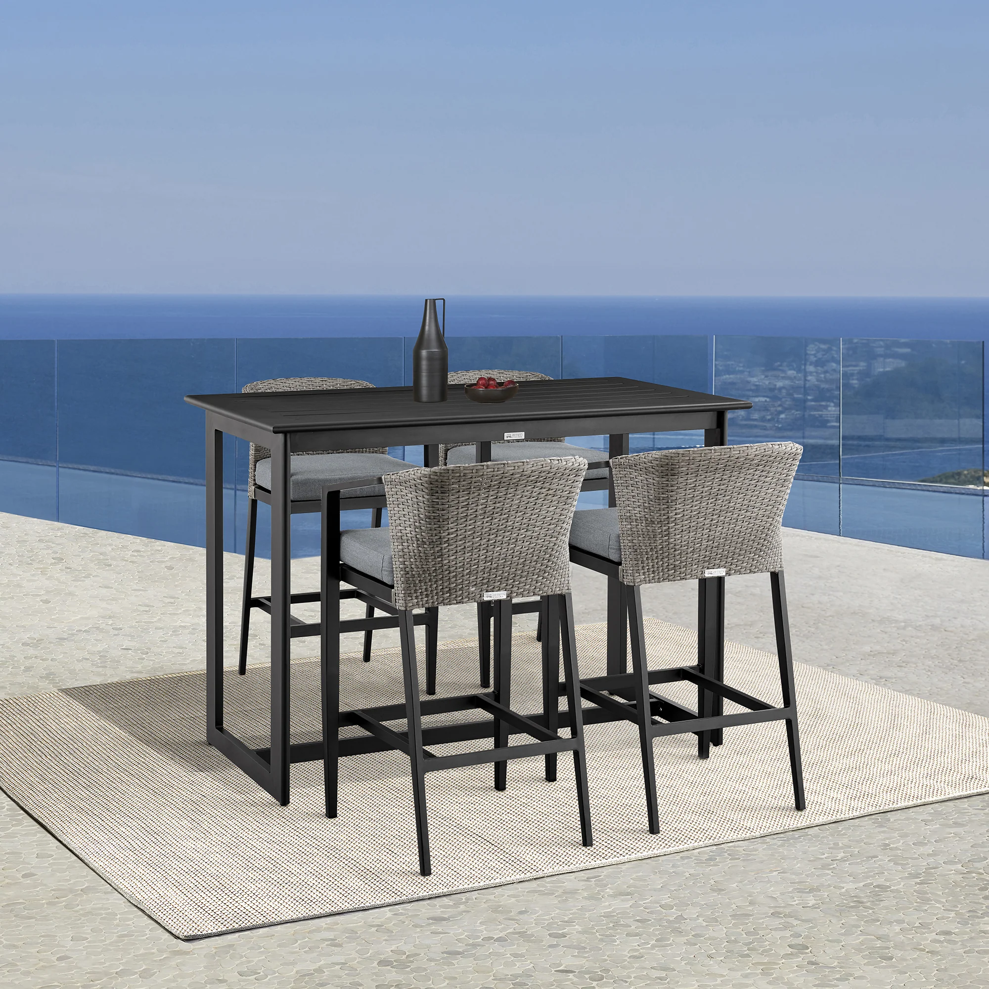 Aileen Outdoor Patio Counter Height Bar Stool in Aluminum and Wicker with Grey Cushions By Armen Living - Image 3