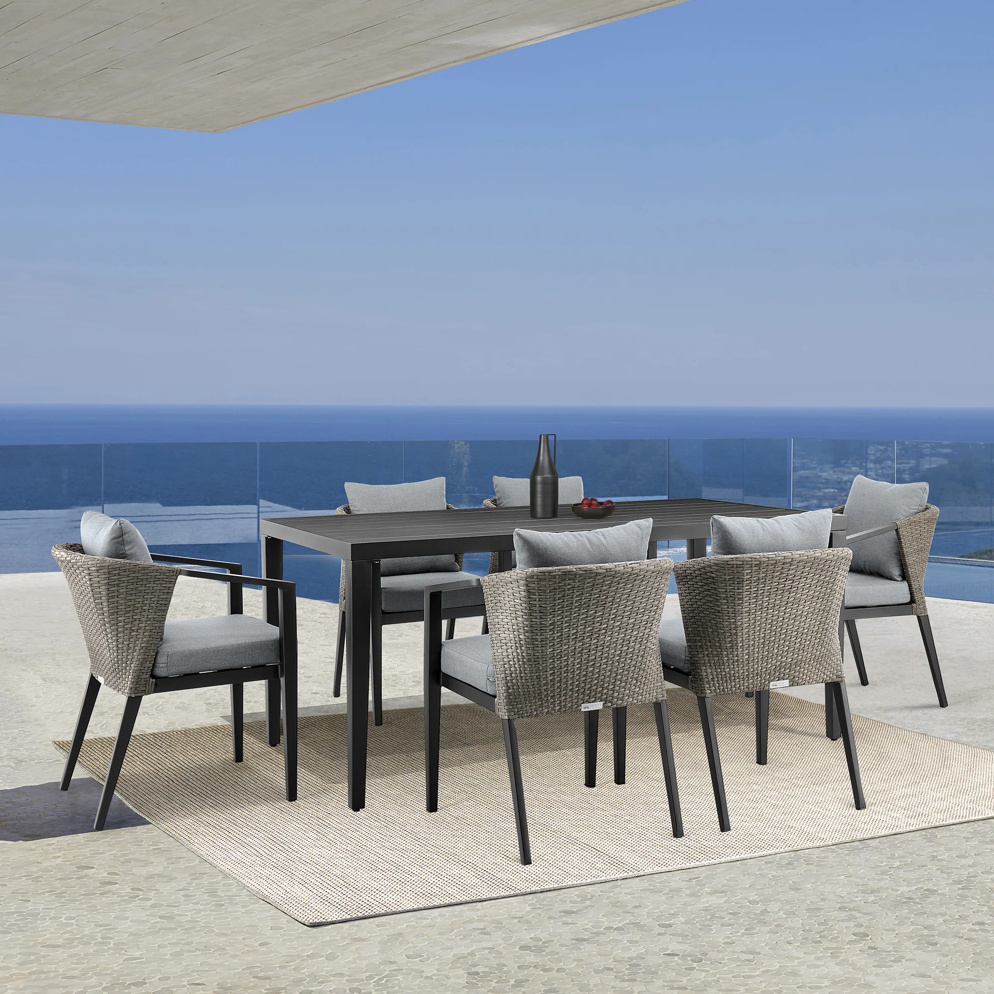 Aileen Outdoor Patio Dining Chairs in Aluminum and Wicker with Grey Cushions - Set of 2 By Armen Living - Image 3