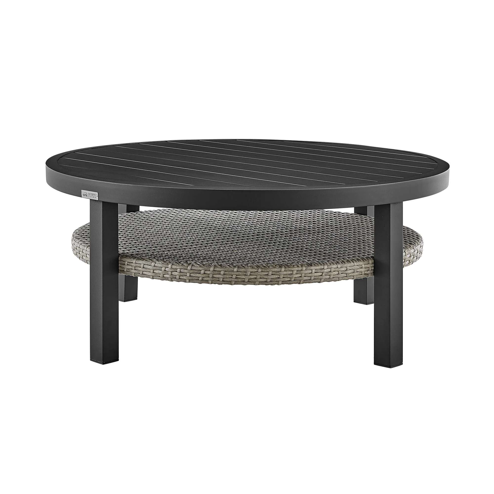 Aileen Outdoor Patio Round Coffee Table in Black Aluminum with Grey Wicker Shelf By Armen Living - Image 2