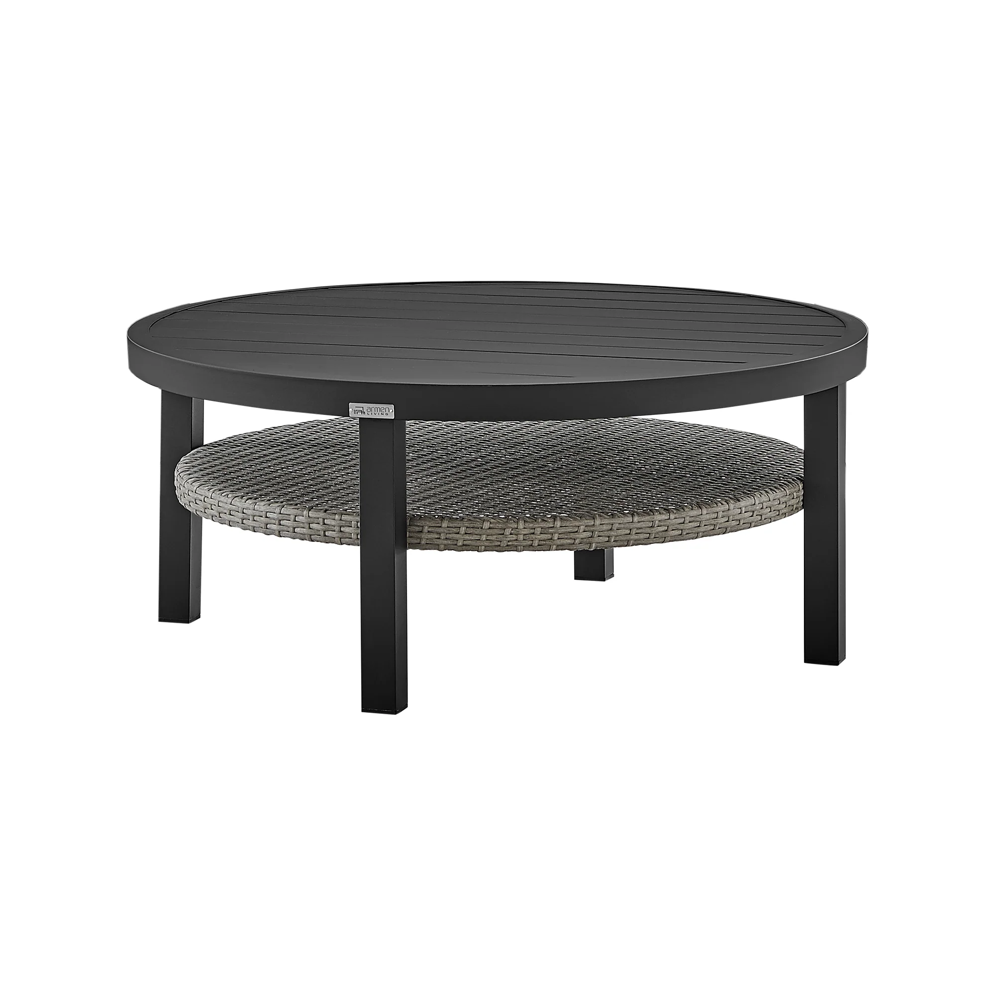 Aileen Outdoor Patio Round Coffee Table in Black Aluminum with Grey Wicker Shelf By Armen Living - Image 3