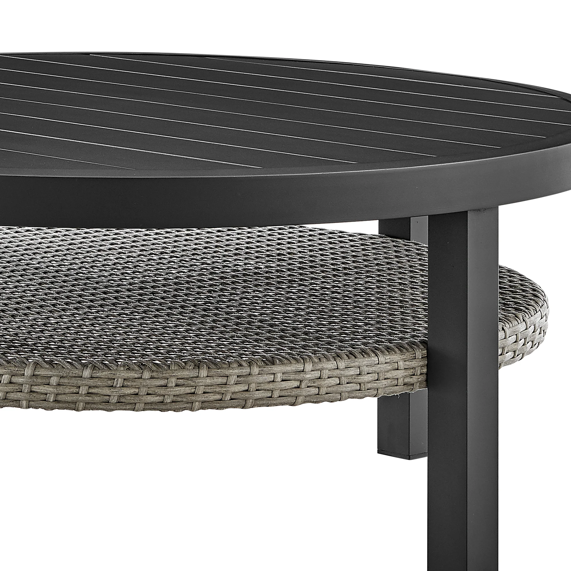 Aileen Outdoor Patio Round Coffee Table in Black Aluminum with Grey Wicker Shelf By Armen Living - Image 4