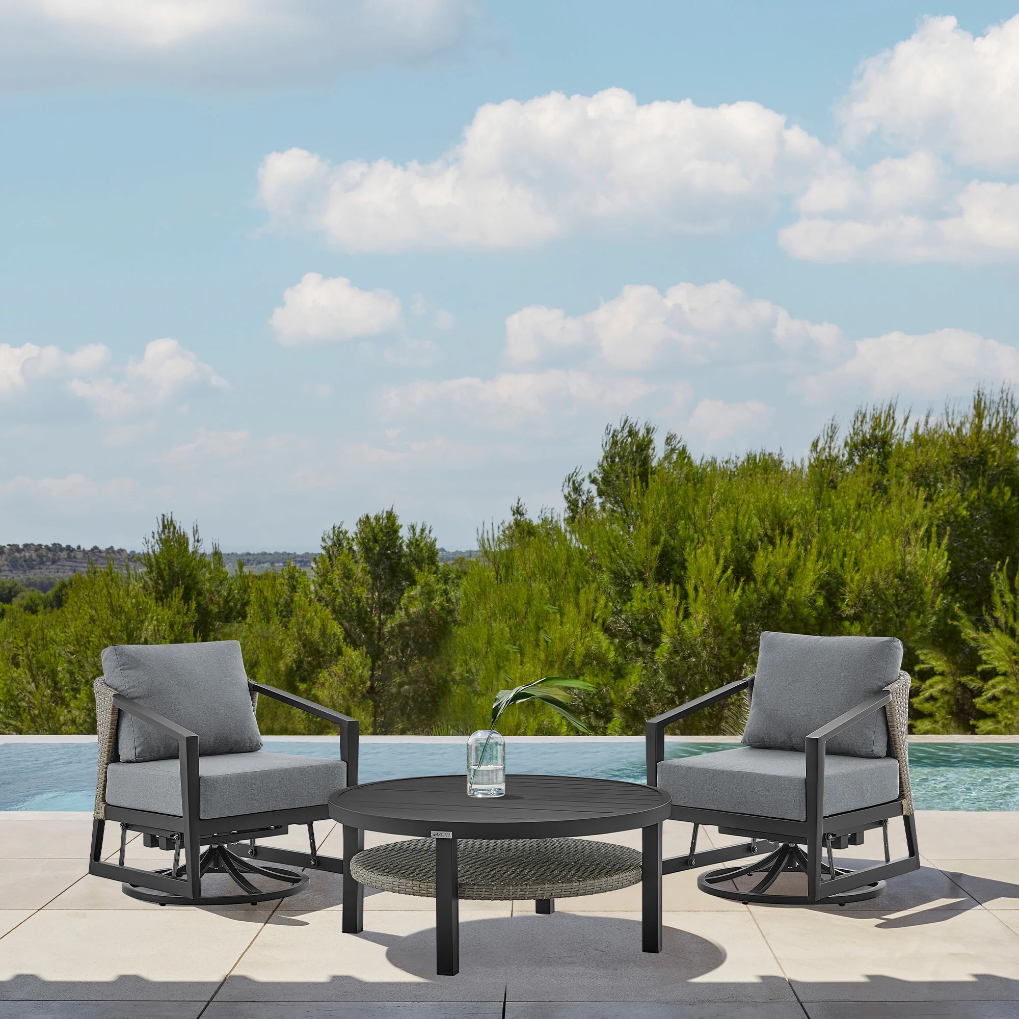 Aileen Outdoor Patio Swivel Lounge Chair in Aluminum with Grey Cushions By Armen Living - Image 3