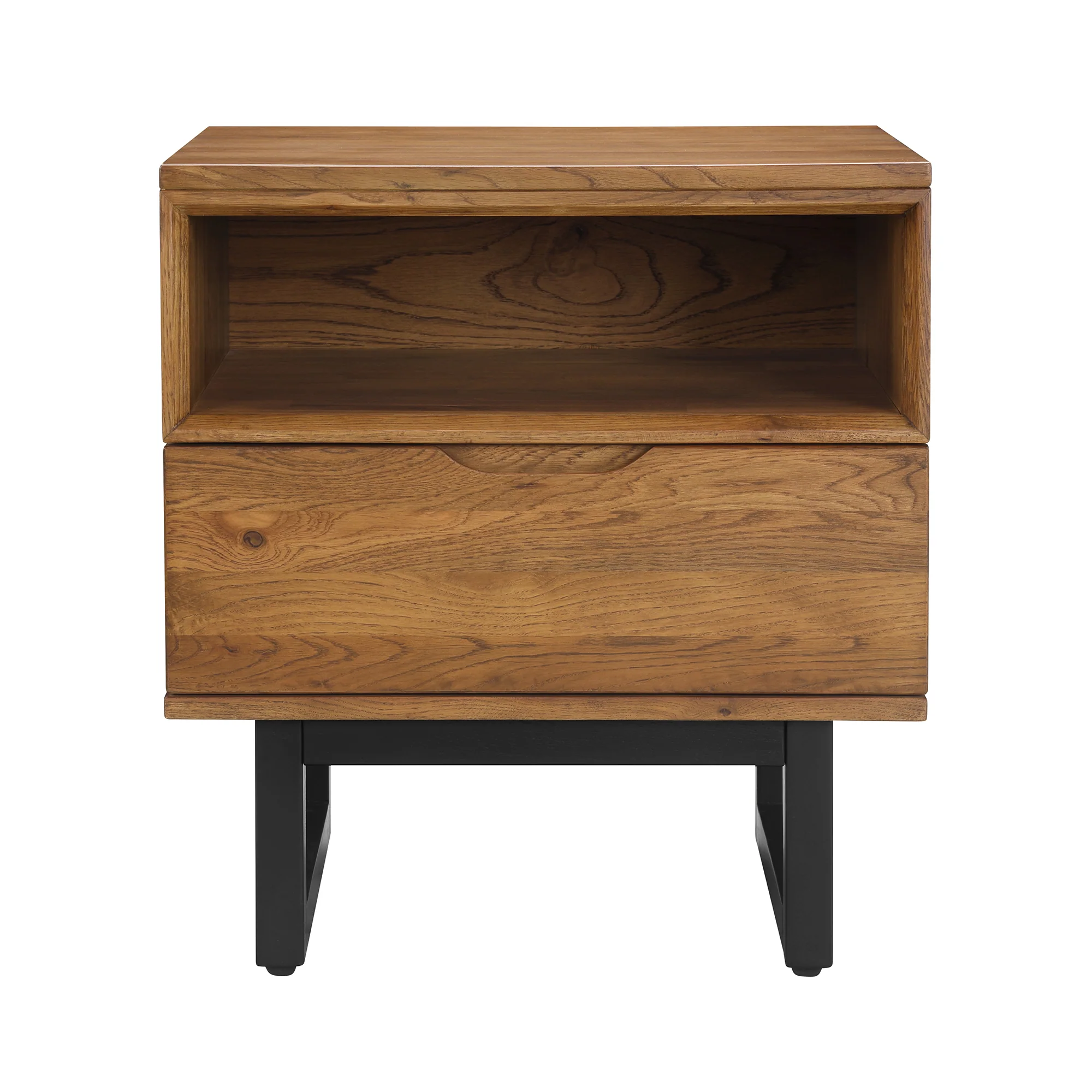 Aldo 1 Drawer Nightstand in Brown Oak Wood with Black Metal Legs By Armen Living - Image 2