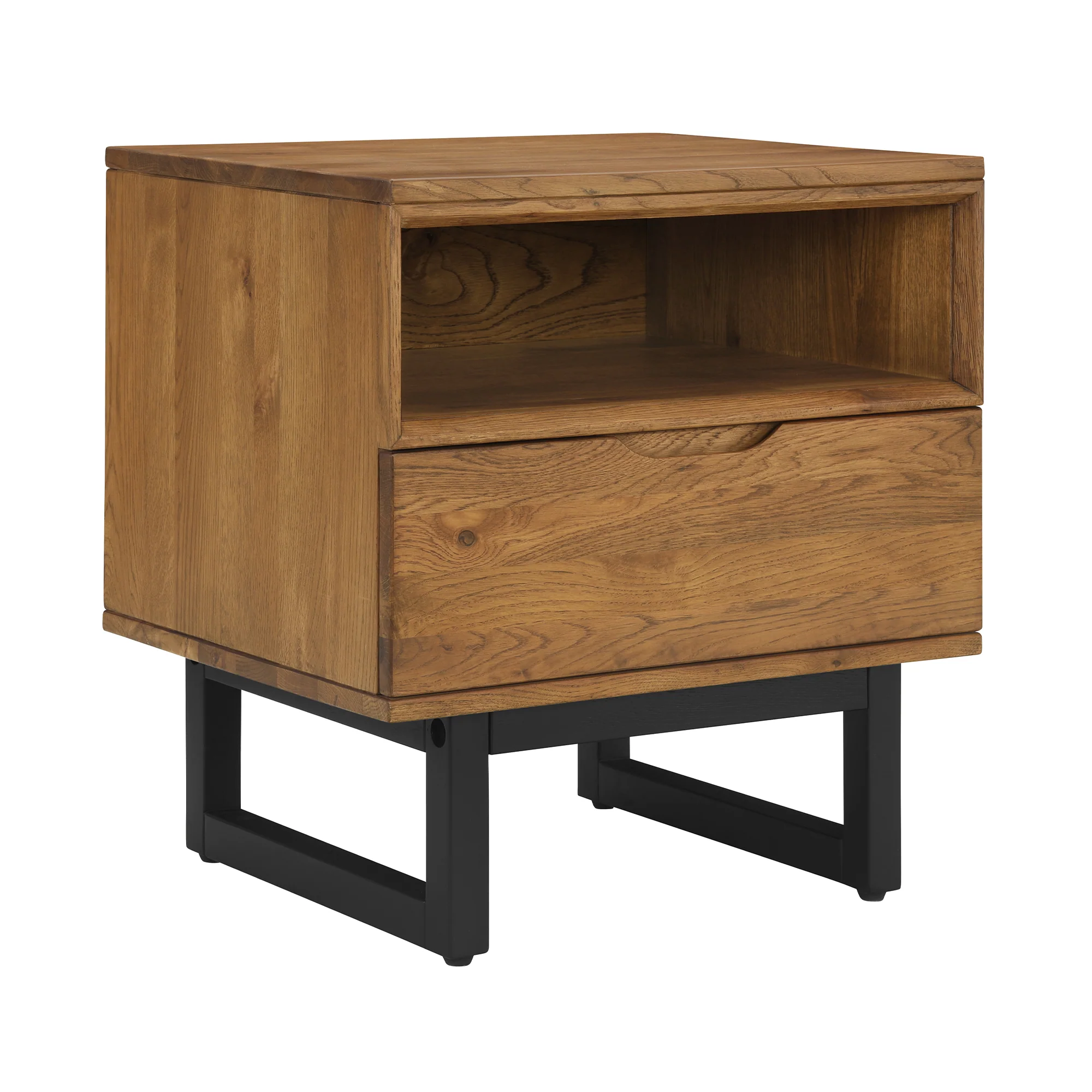 Aldo 1 Drawer Nightstand in Brown Oak Wood with Black Metal Legs By Armen Living - Image 4