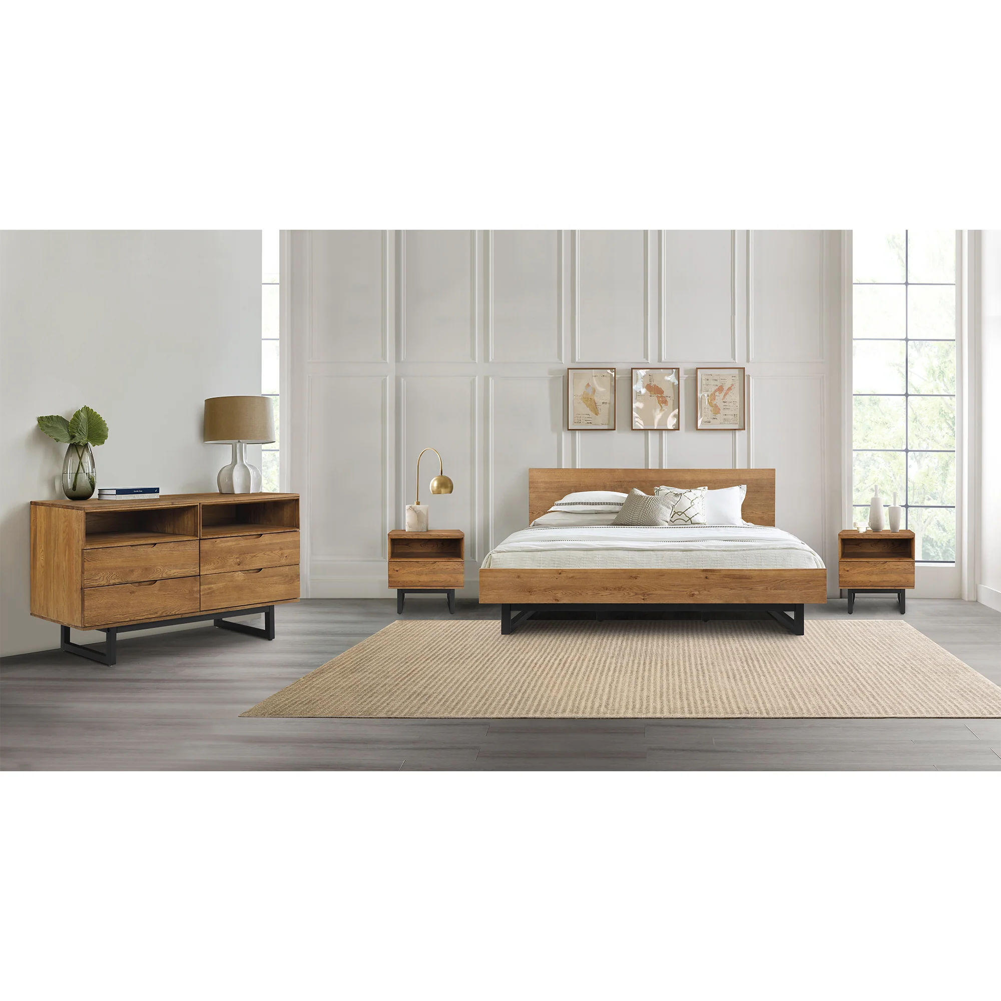 Aldo 4 Drawer Dresser in Brown Oak Wood with Black Metal Legs By Armen Living - Image 3