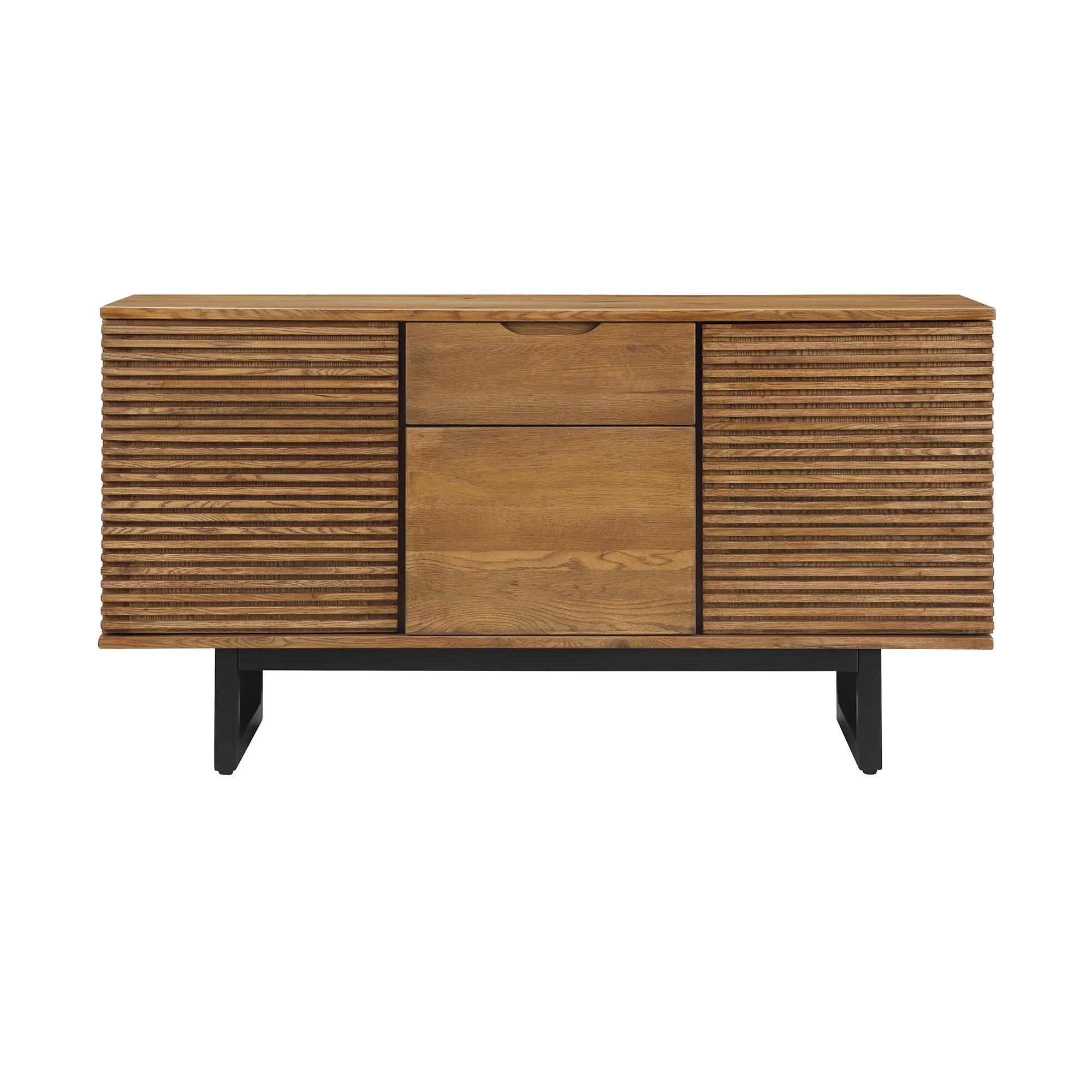 Aldo Brown Oak Sideboard Buffet Cabinet in Brown Oak Wood with Black Metal Legs By Armen Living - Image 2