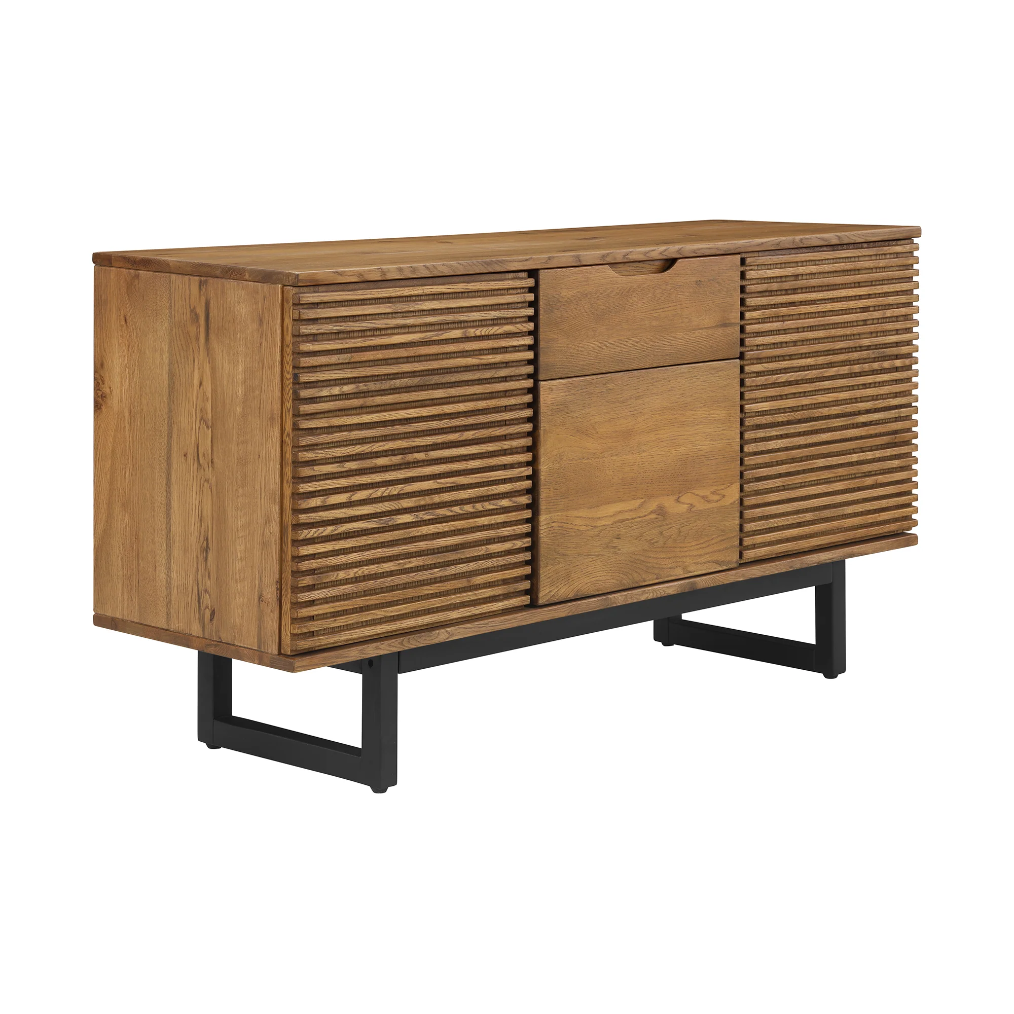 Aldo Brown Oak Sideboard Buffet Cabinet in Brown Oak Wood with Black Metal Legs By Armen Living - Image 3