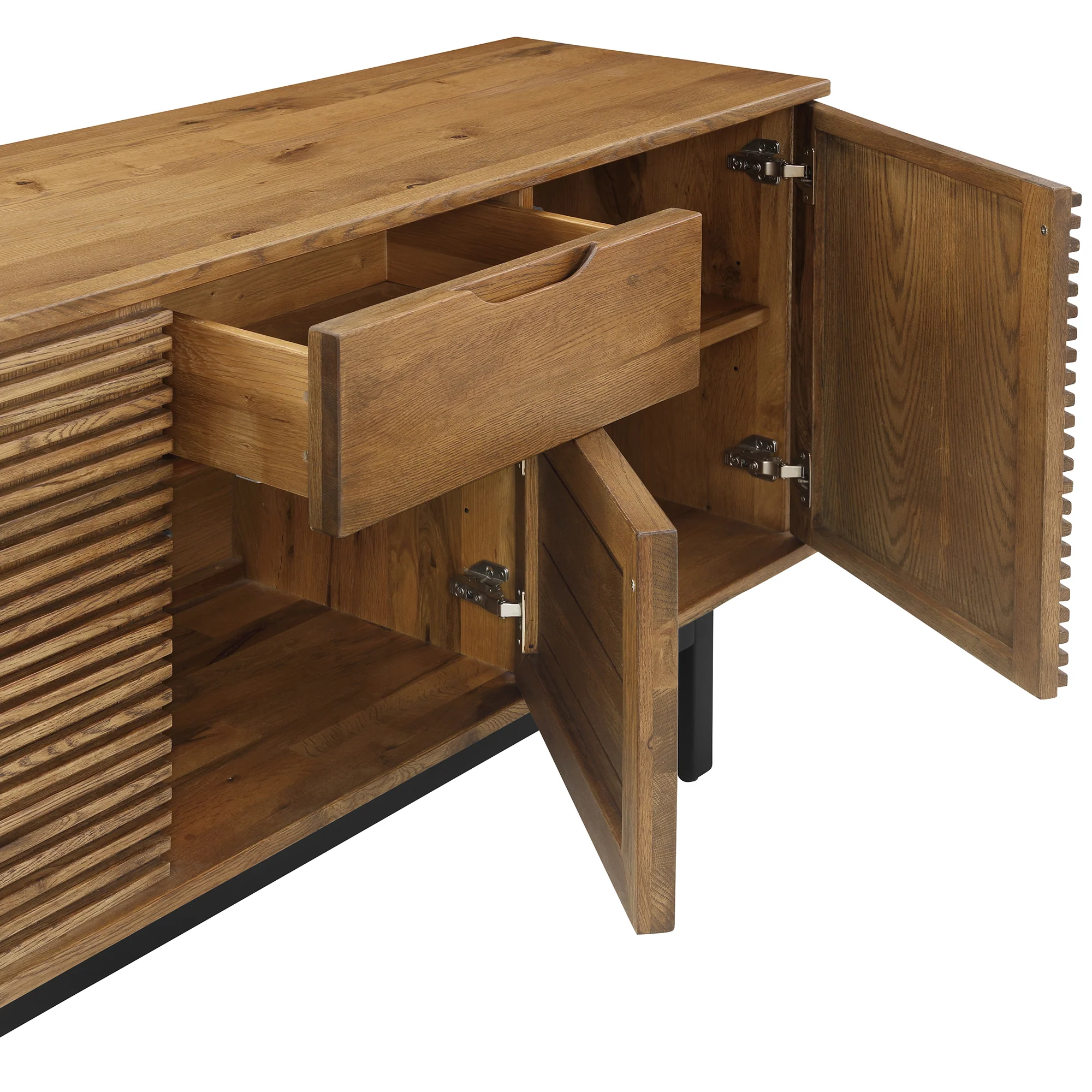 Aldo Brown Oak Sideboard Buffet Cabinet in Brown Oak Wood with Black Metal Legs By Armen Living - Image 5