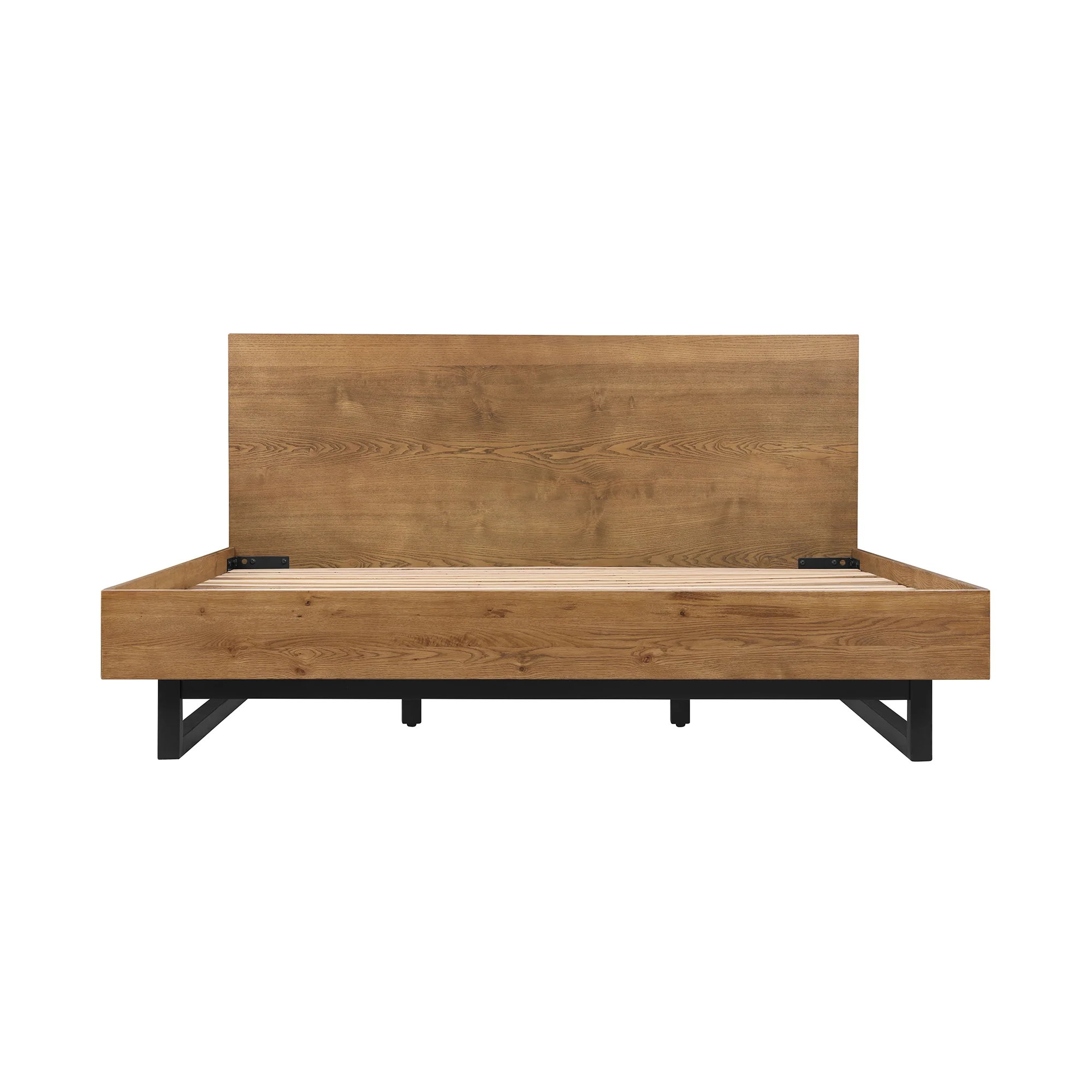 Aldo King Size Brown Oak Wood Platform Bed Frame with Black Metal Legs By Armen Living - Image 2