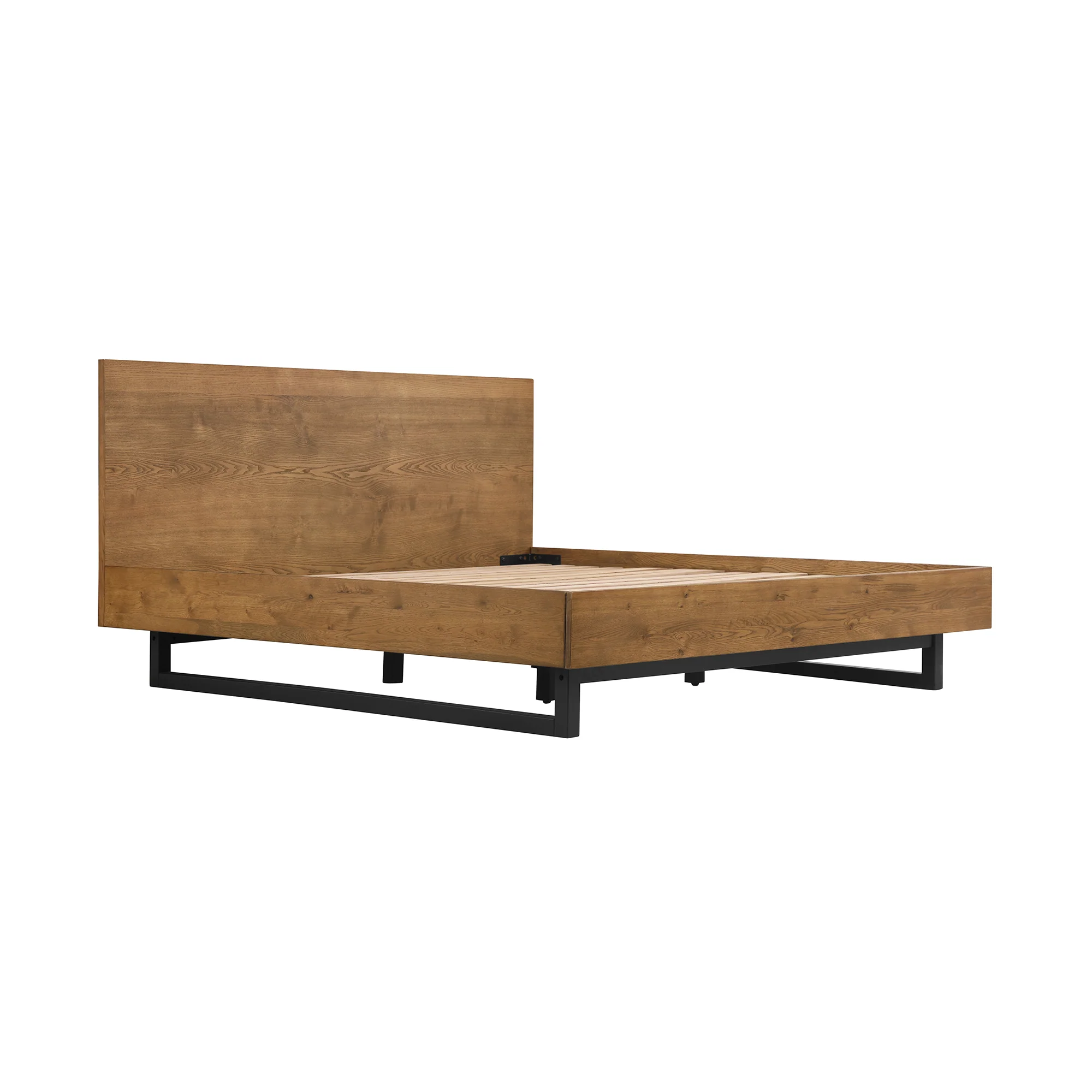 Aldo King Size Brown Oak Wood Platform Bed Frame with Black Metal Legs By Armen Living - Image 4