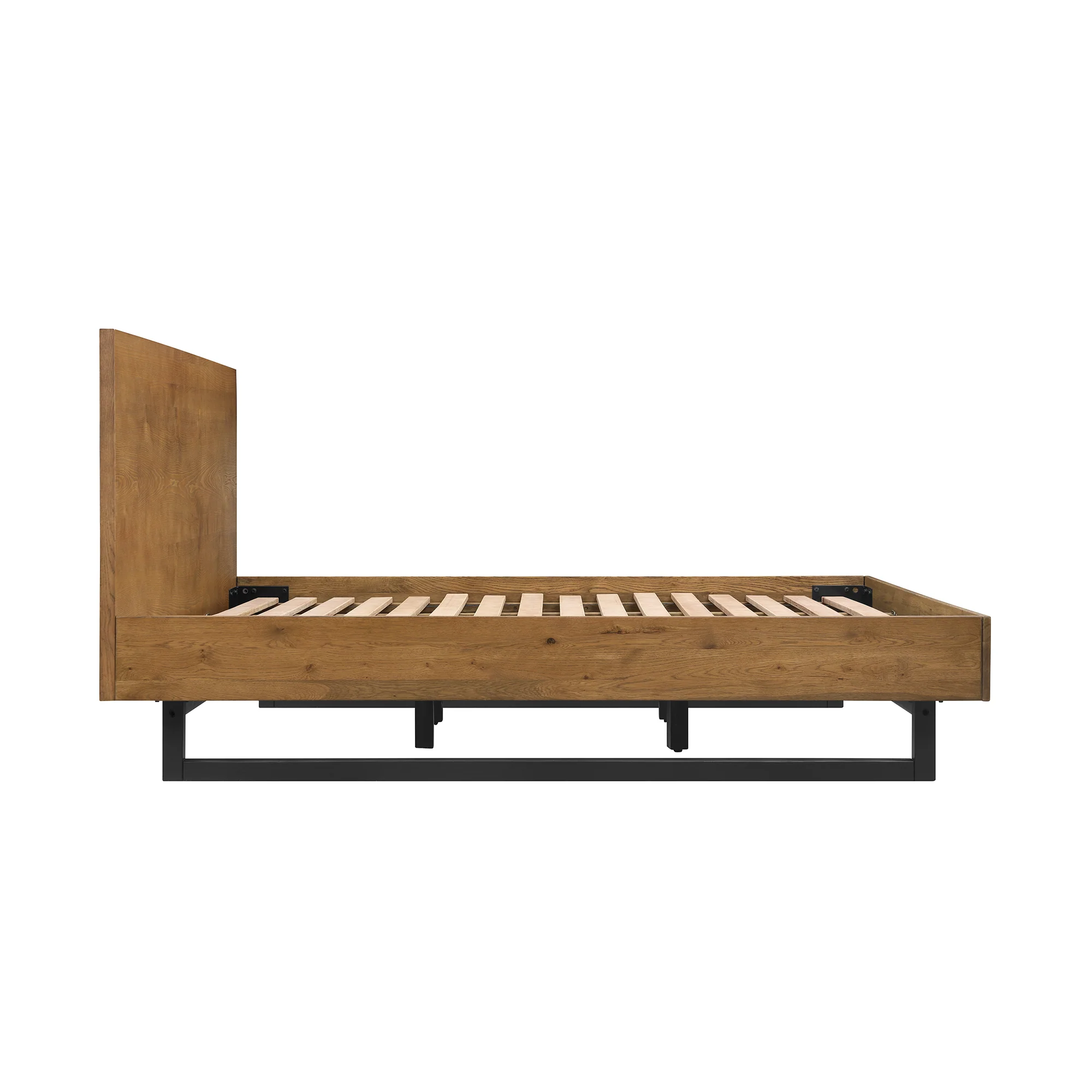 Aldo King Size Brown Oak Wood Platform Bed Frame with Black Metal Legs By Armen Living - Image 5