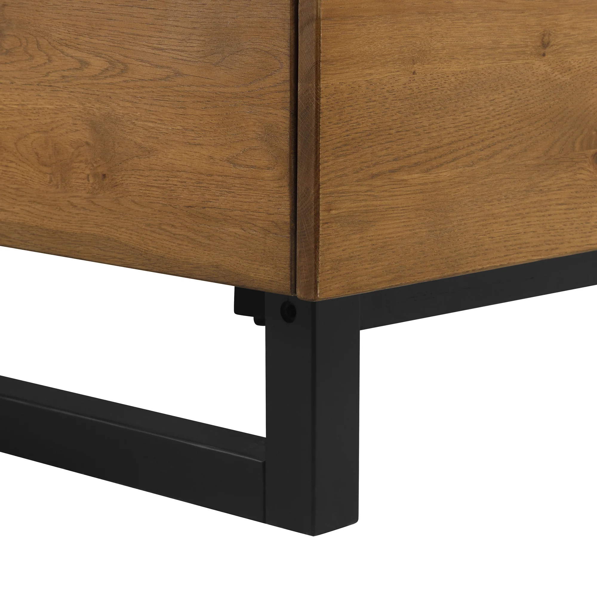 Aldo Queen Size Brown Oak Wood Platform Bed Frame with Black Metal Legs By Armen Living - Image 11