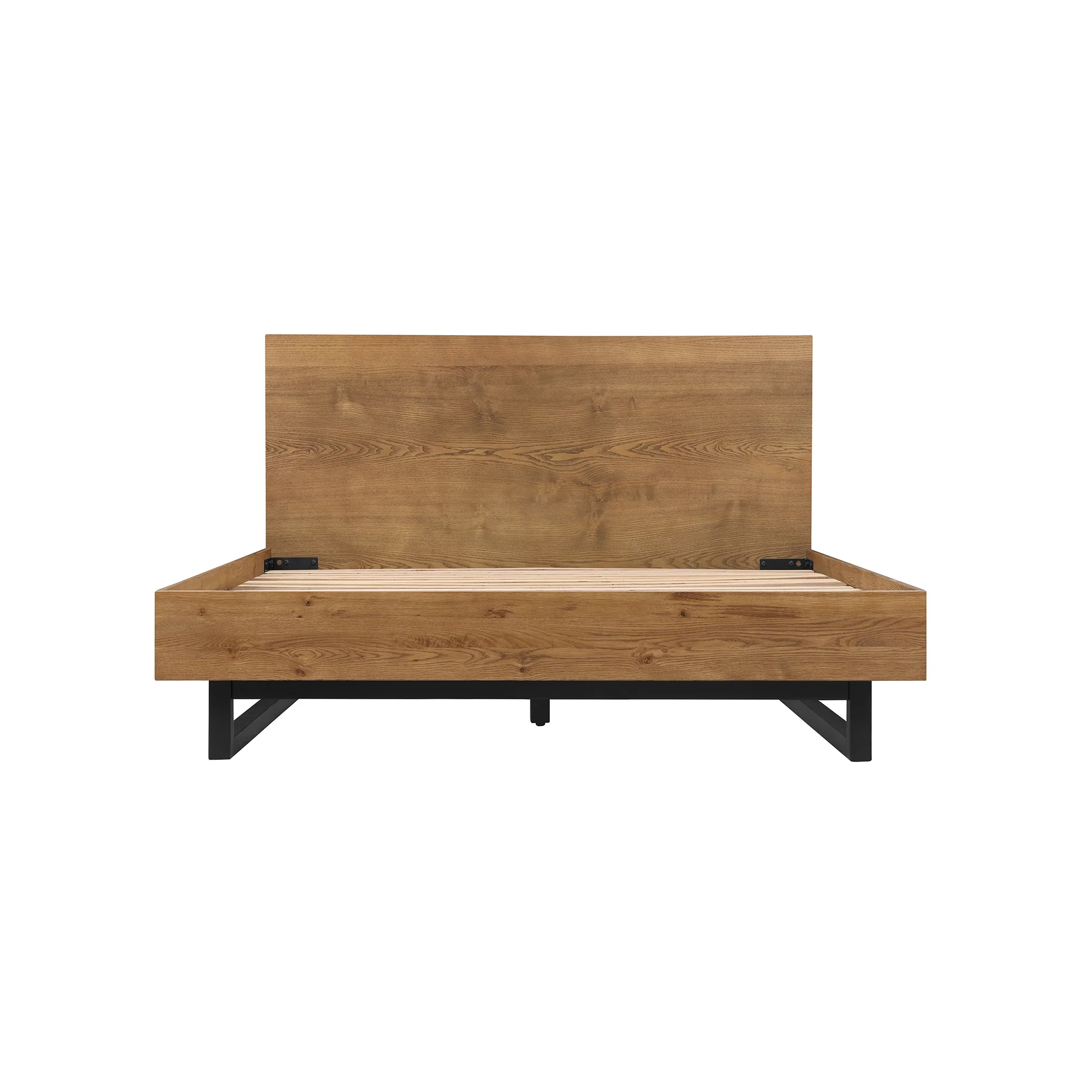Aldo Queen Size Brown Oak Wood Platform Bed Frame with Black Metal Legs By Armen Living - Image 2