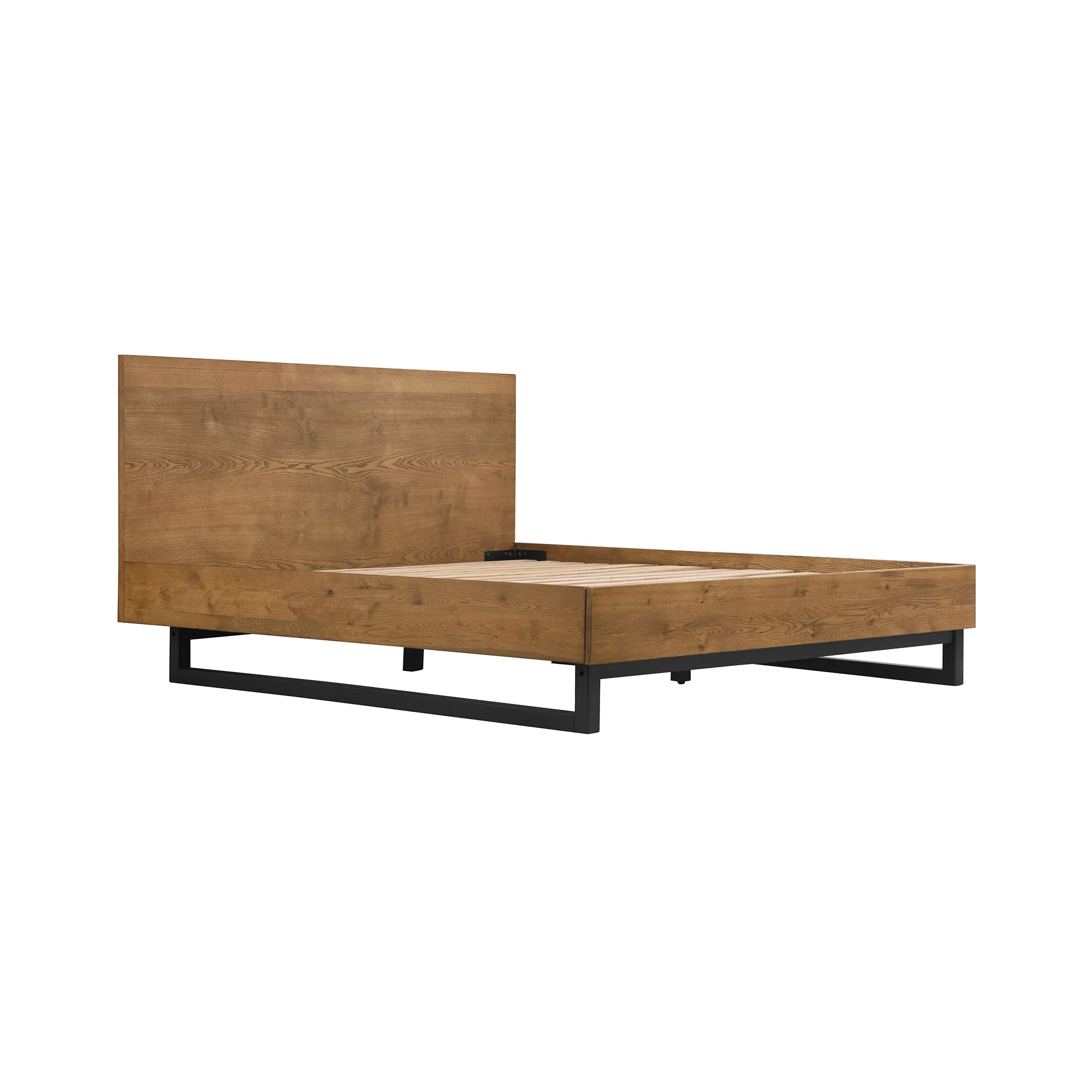 Aldo Queen Size Brown Oak Wood Platform Bed Frame with Black Metal Legs By Armen Living - Image 4